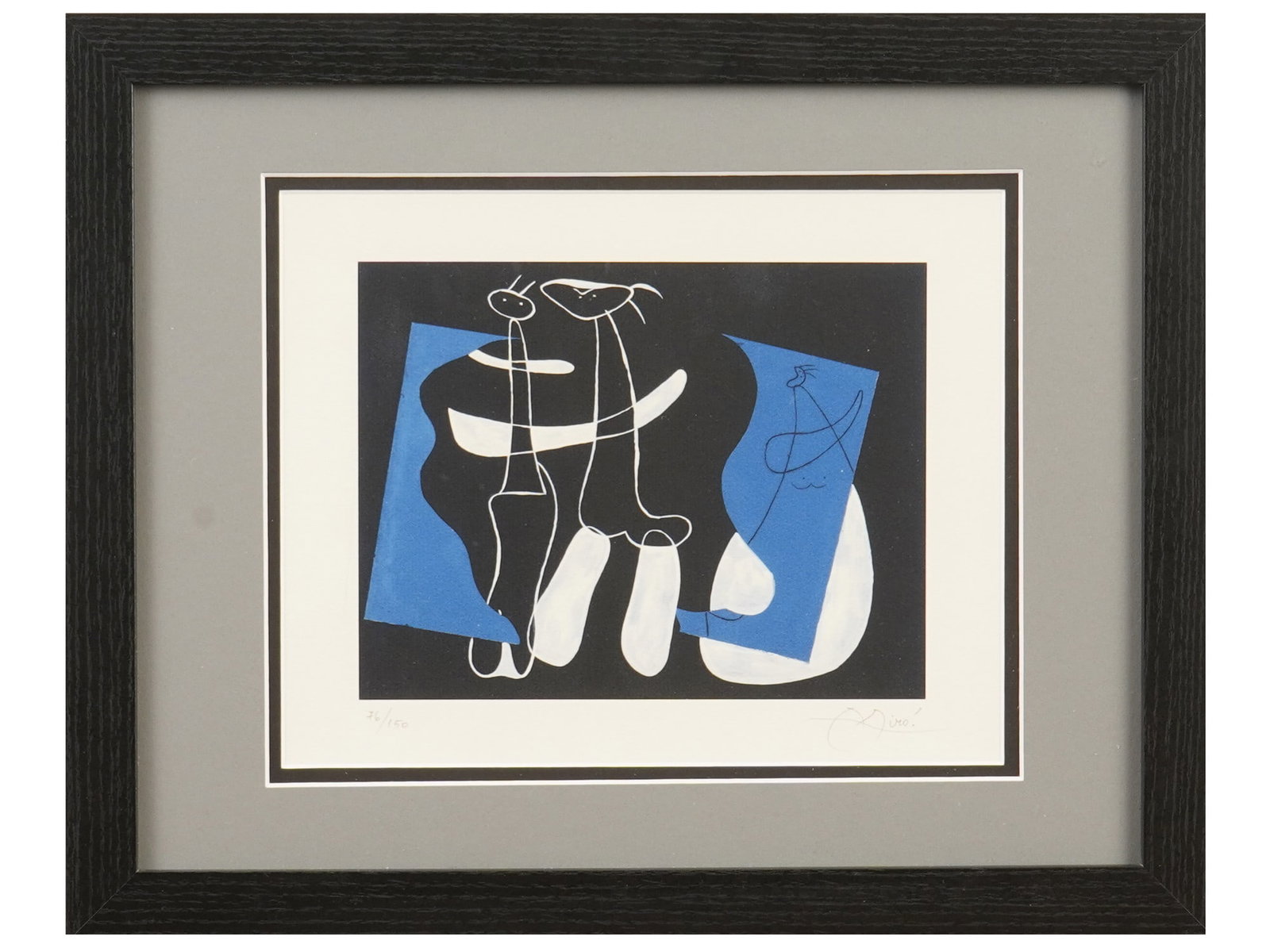 LITHOGRAPH AFTER JOAN MIRO THREE CHARACTERS PAINTING: A lithograph titled Three Characters on a Black Background after the 1934 painting by Joan Miro, a leading figure of surrealism. The composition features Miros signature abstracted figures set against