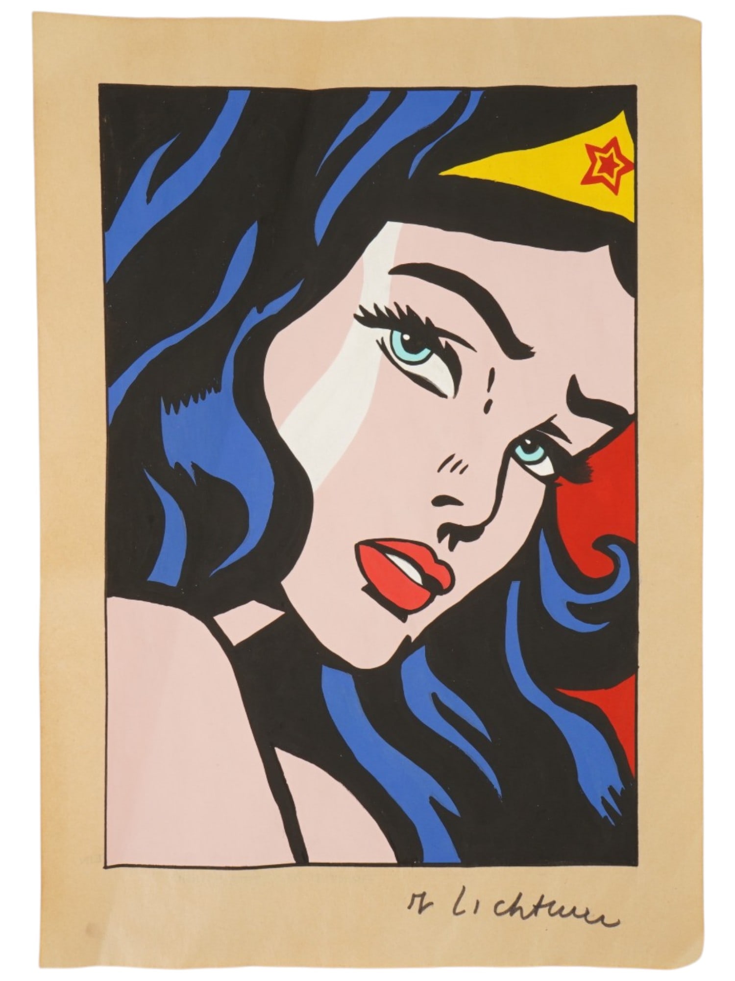 VINTAGE WONDER WOMAN ARTWORK STYLE OF ROY LICHTENSTEIN: A vintage Wonder Woman artwork on paper in the style of Roy Lichtenstein, American, 1923 to 1997. The artwork depicts the American comic book character Wonder Woman in the style characteristic of Roy 