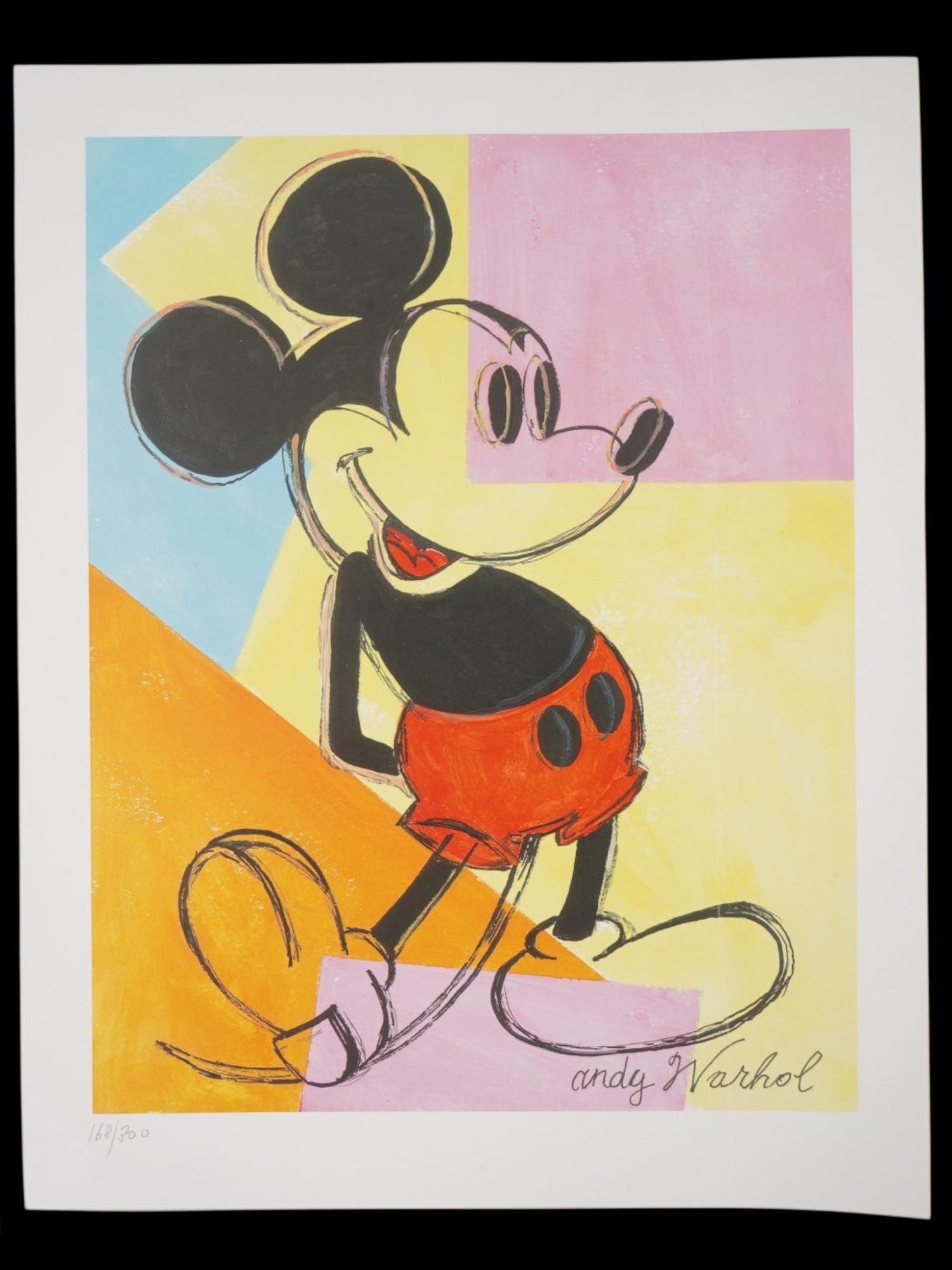 LTD AMERICAN POP ART LITHOGRAPH AFTER ANDY WARHOL: A limited edition color lithograph on paper depicting a portrait of Mickey Mouse after Andy Warhol, American, 1928 to 1987. Signed in the print, Andy Warhol, lower right. Numbered in pencil, 168 of 30