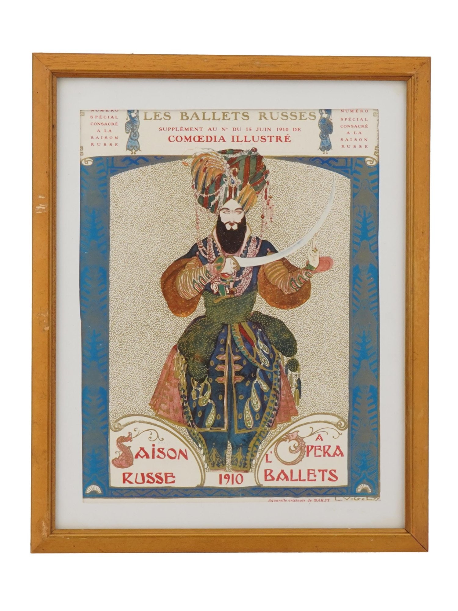 COMOEDIA ILLUSTRE MAGAZINE BAKST OFFSET PRINT 1910: A Russian offset print of the cover of a special issue of Comoedia Illustre magazine dedicated to the 1910 Russian Seasons in Paris. The cover features a sketch designed by Leon Bakst. On the reverse 