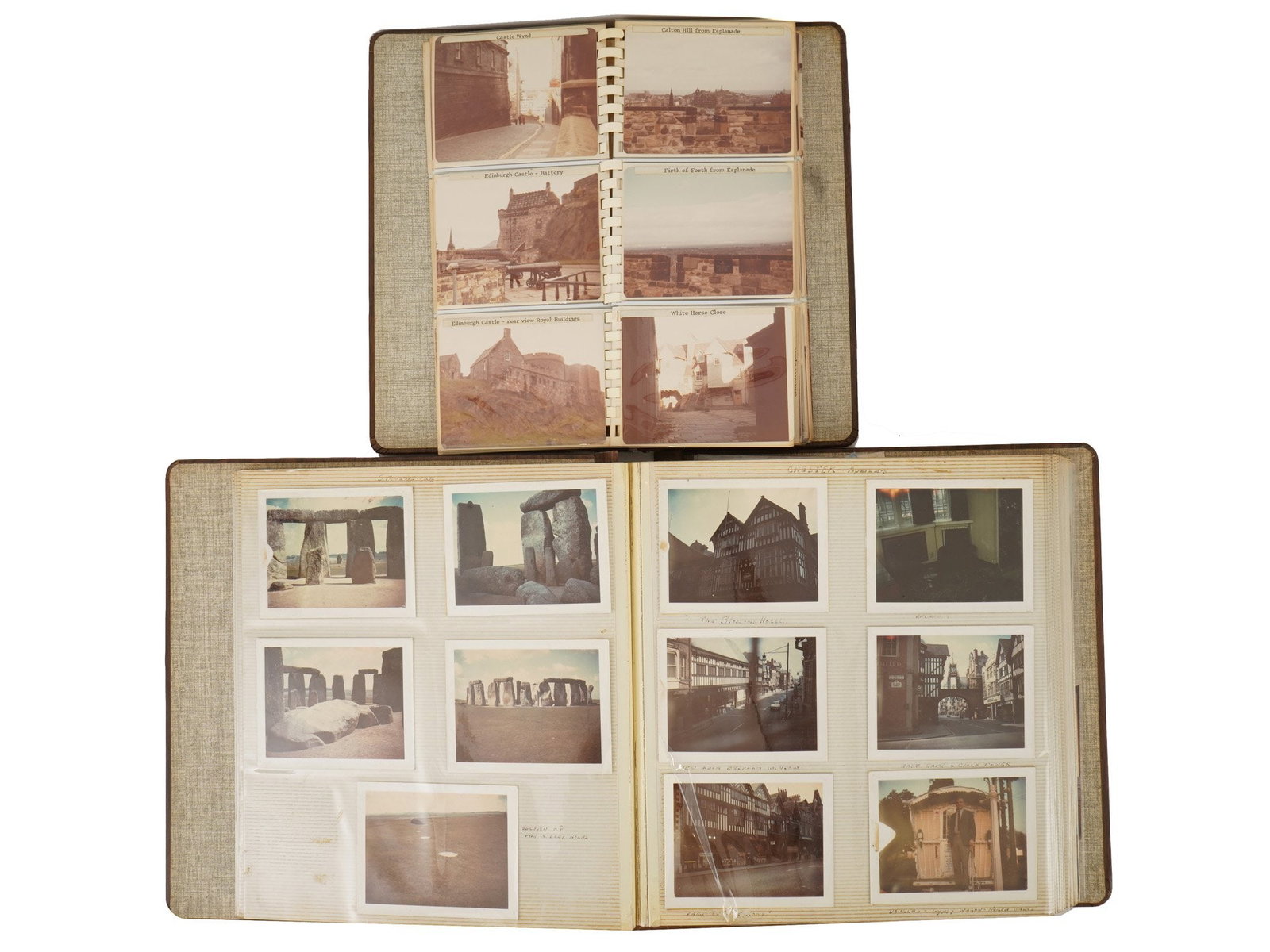 LOT OF TWO BINDERS W VINTAGE UNITED KINGDOM PHOTOS: A lot of two binders containing an extensive collection of vintage photographs documenting various regions and landmarks across the United Kingdom. The larger album features a square format with a dec