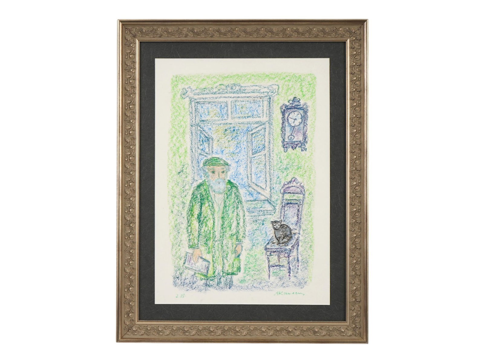 JUDAICA OIL PASTEL PAINTING SIGNED ANATOLY KAPLAN: An oil pastel painting on paper depicting a Judaica genre scene. Signed in Cyrillic, A. Kaplan, lower right. Probably dated, lower left. Framed. Anatoly Kaplan, Russian, Soviet era, 1903 to 1980, was 