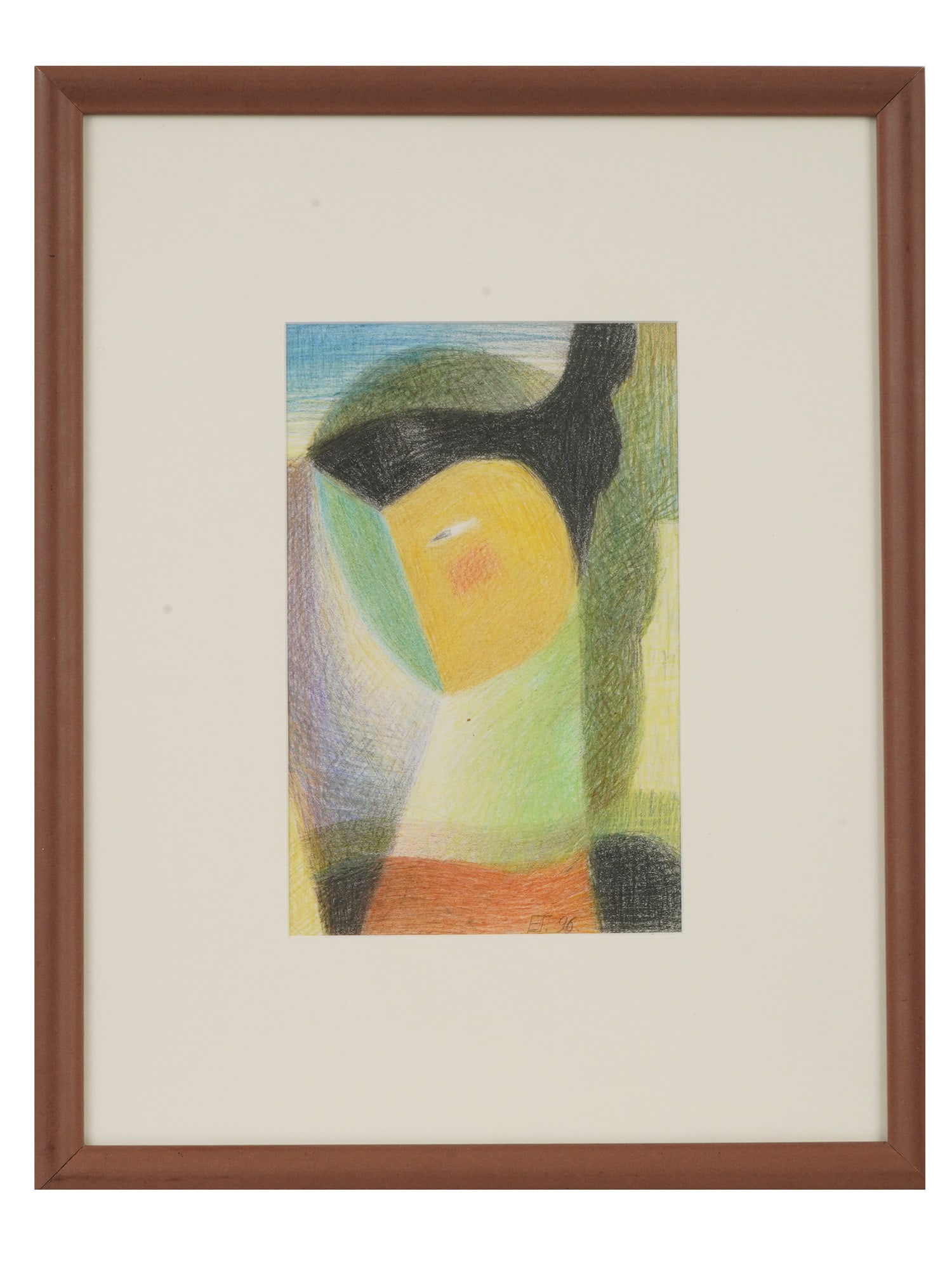 COLOR PENCIL ON PAPER PAINTING BY ELENA GRITSENKO: A vintage color pencil on paper painting by Elena Anatolyevna Gritsenko, Russian, born in 1947. The painting depicts an abstract cubist portrait in vibrant colors. Signed with initials and dated 1996 