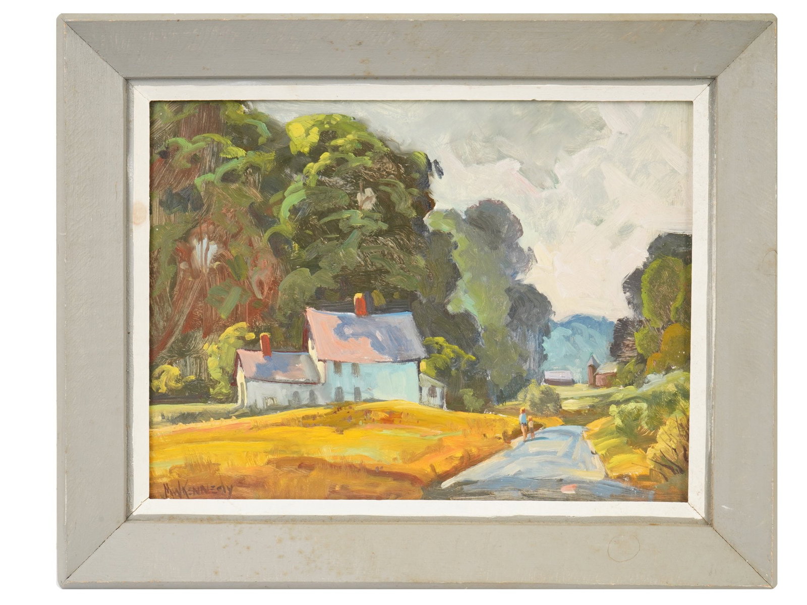 SIGNED MW KENNEDY AMERICAN OIL LANDSCAPE PAINTING: A vintage American oil on board landscape painting. Circa mid to late 20th century. Signed MW Kennedy lower left. Framed. The painting depicts a tranquil summer landscape in the suburbs with a road, a