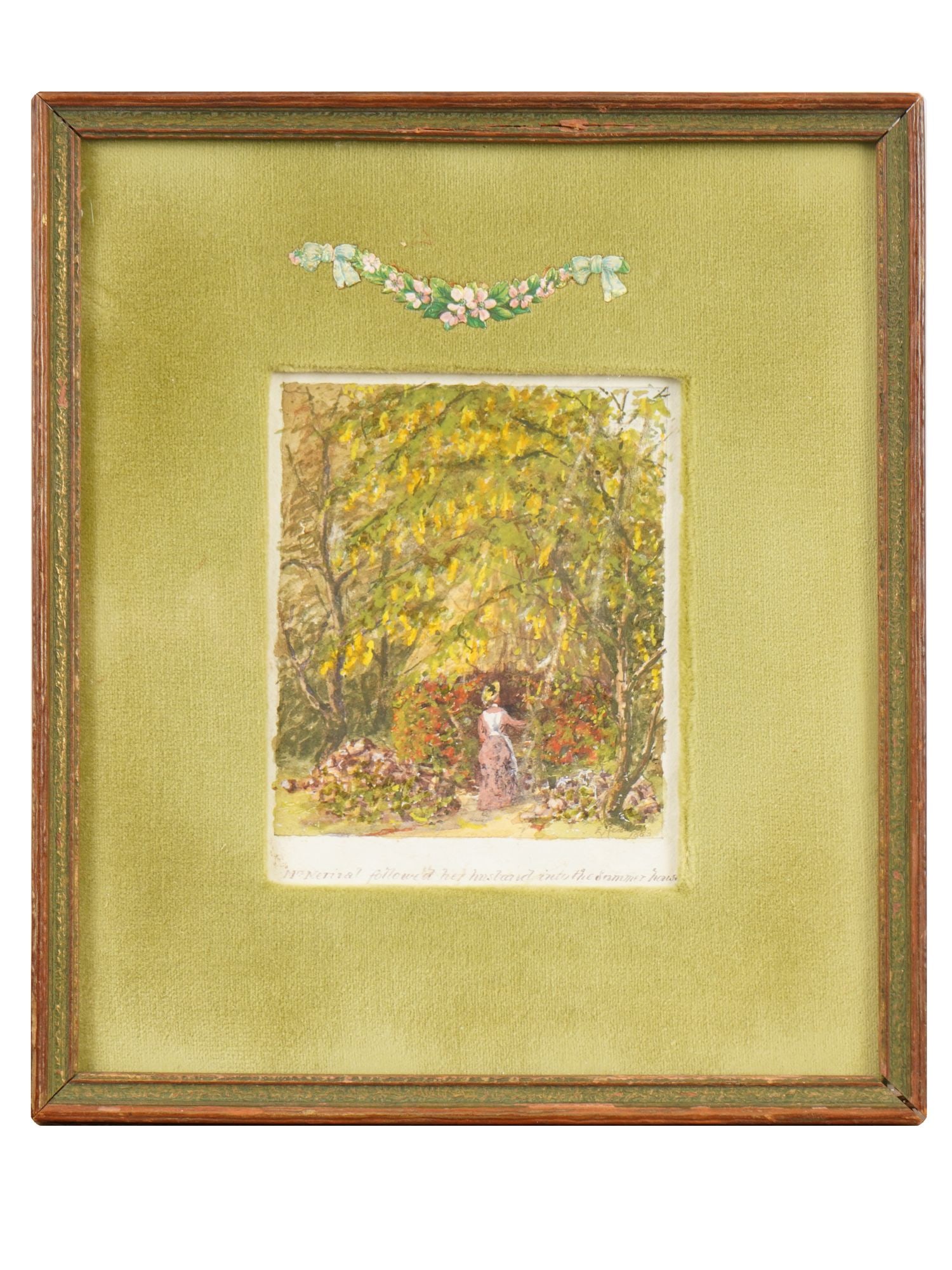 ERNEST HEATH BRITISH ILLUSTRATION WATERCOLOR PAINTING: Ernest Heath, British, 1867 to 1945, watercolor painting on paper. The artwork depicts a woman walking through the garden. Titled below: Mrs Nerival followed her husband into the summer house. Unsigne