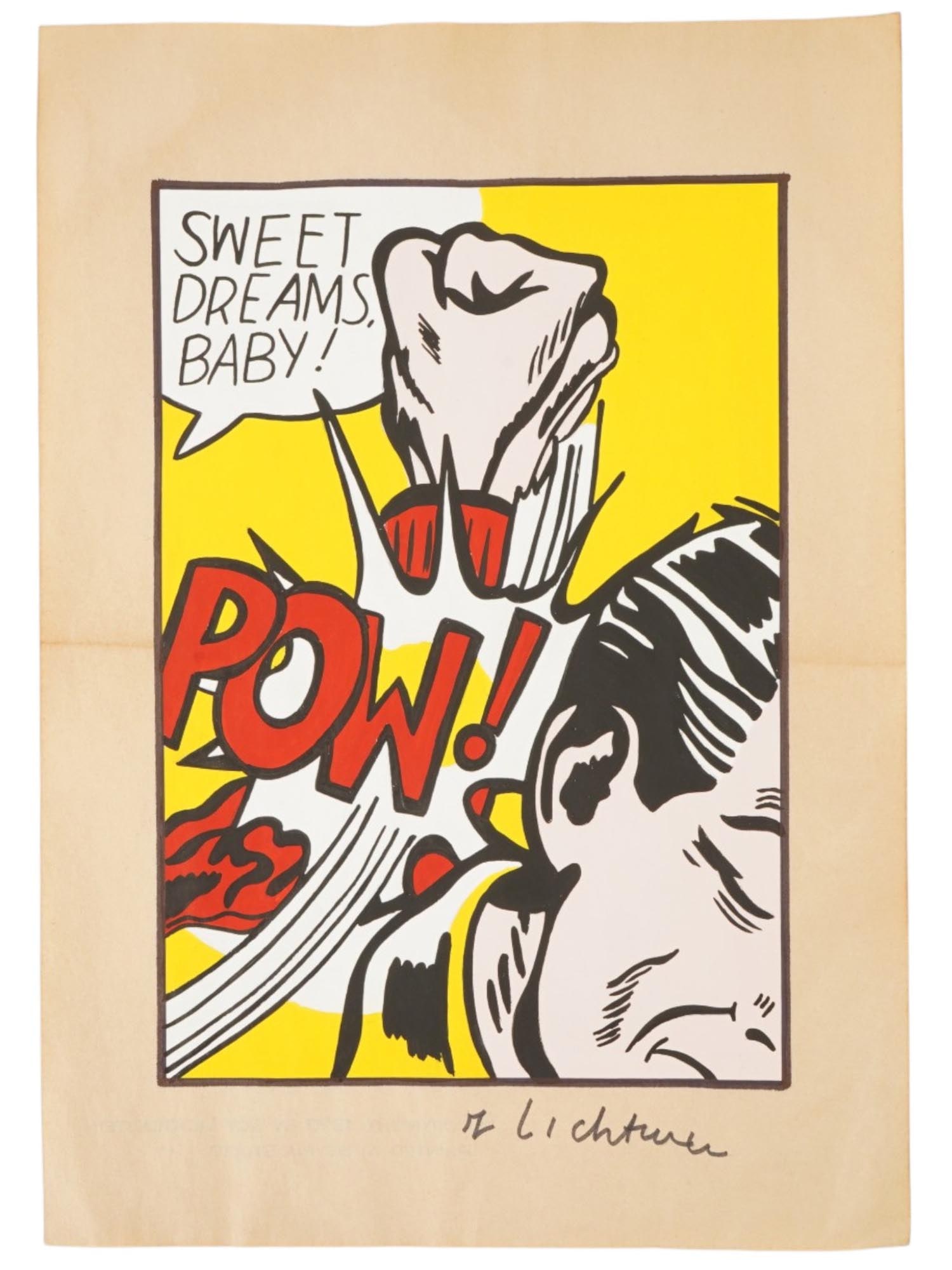 AMERICAN MIXED MEDIA PAINTING AFTER ROY LICHTENSTEIN: A mixed media painting on paper, Sweet Dreams, Baby,after the original artwork, 1965 by Roy Lichtenstein. Inscribed lower right. Stamped, copyright 1973, on the backside. Roy Lichtenstein, American, 1