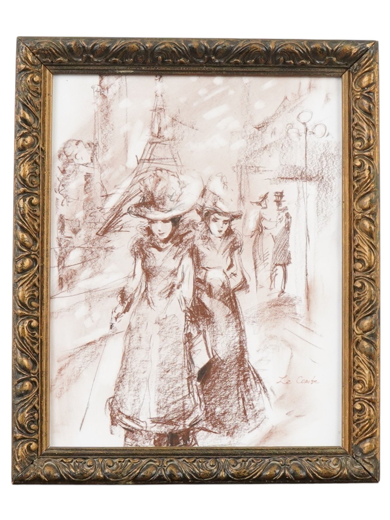 FRENCH PARIS GENRE SCENE SEPIA TONE PAINTING: A French sepia-tone drawing of a street genre scene in Paris signed Le Comte lower right. The artwork depicts two elegantly attired Victorian-fashion women strolling through a street in Paris with the