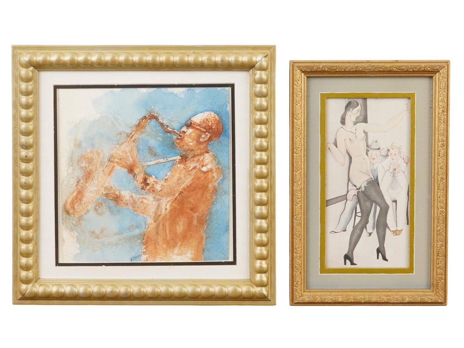 SAXOPHONE PLAYER WATERCOLOR PAINTING AND NUDE PRINT: A lot of two framed paintings: an impressionistic watercolor painting on paper depicting a saxophone player and a monochromatic print of a standing nude female figure. The watercolor features a warm p