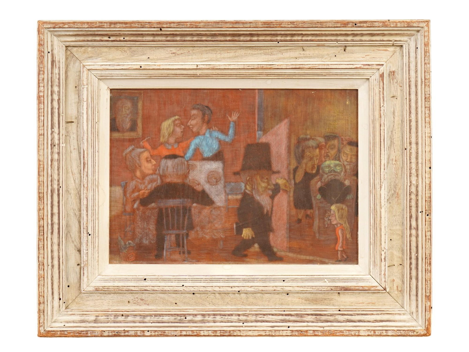 MEYER FRANK LIEBERMAN AMERICAN JUDAICA OIL PAINTING: Meyer Frank Lieberman, American, 1923 to 2013, oil painting on board. The artwork depicts a multi-figure interior scene, a room in a Jewish house divided into parts: in one there is a funeral, in the 