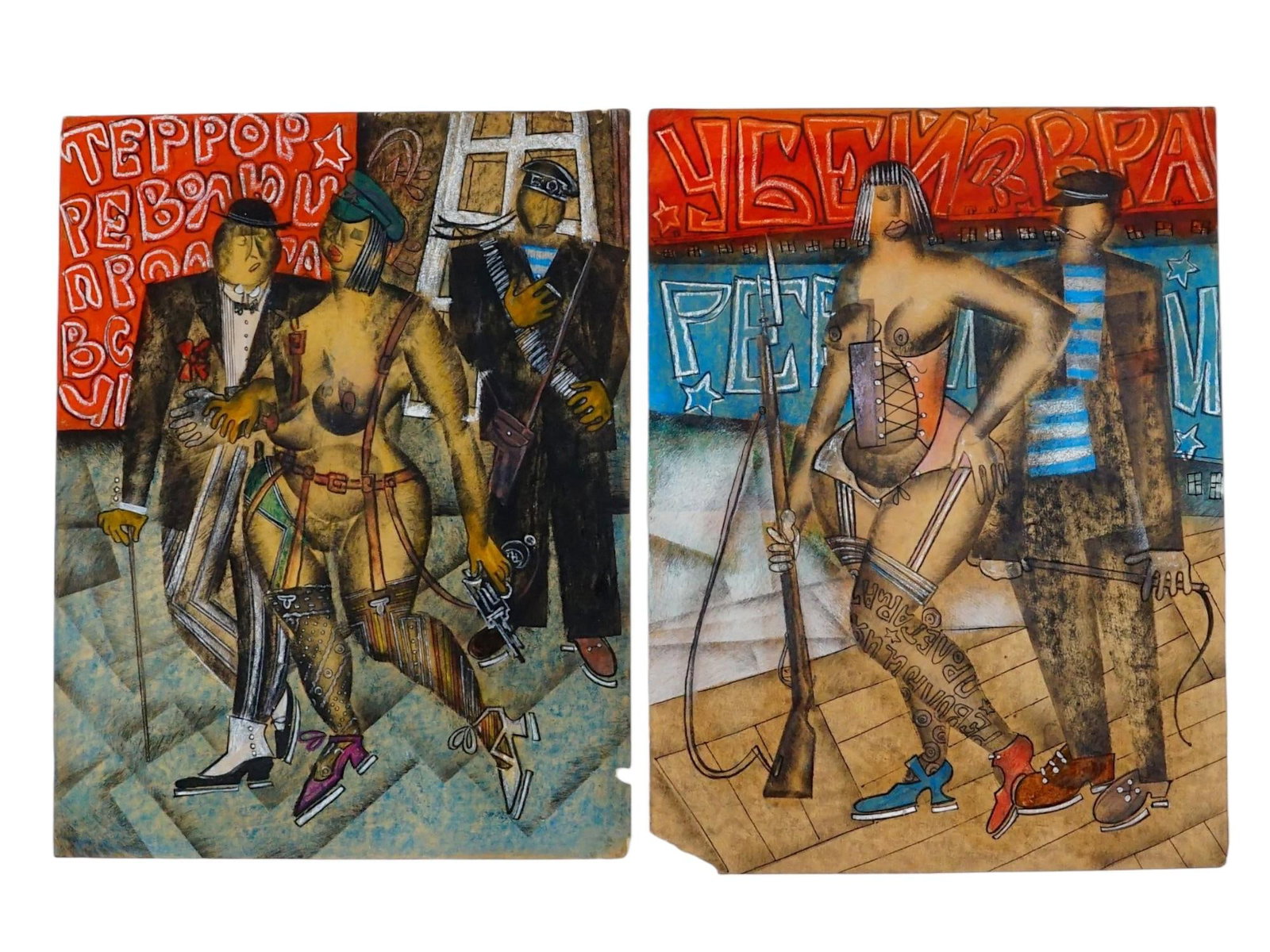 AFTER VLADIMIR LEBEDEV RUSSIAN MIXED MEDIA PAINTINGS: After Vladimir Lebedev, Russian, 1891 to 1967, pair of mixed media paintings on paper. The lady and the sailor. The artworks includes visible elements of Bolshevik propaganda. Unsigned. Vladimir Lebed