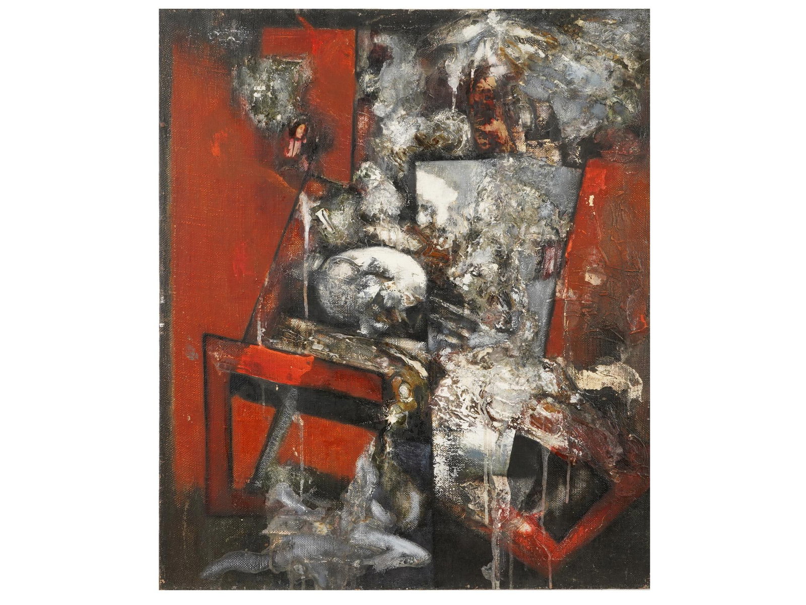ATTR TO DMITRY YANOVSKY RUSSIAN ABSTRACT OIL PAINTING: Attributed to Dmitry Yanovsky, Russian, 1967 to 2011, an oil painting on canvas, Shelter from the Anonymous series, left part of the triptych. Inscribed, titled and dated 2001, on the backside. Dmitry