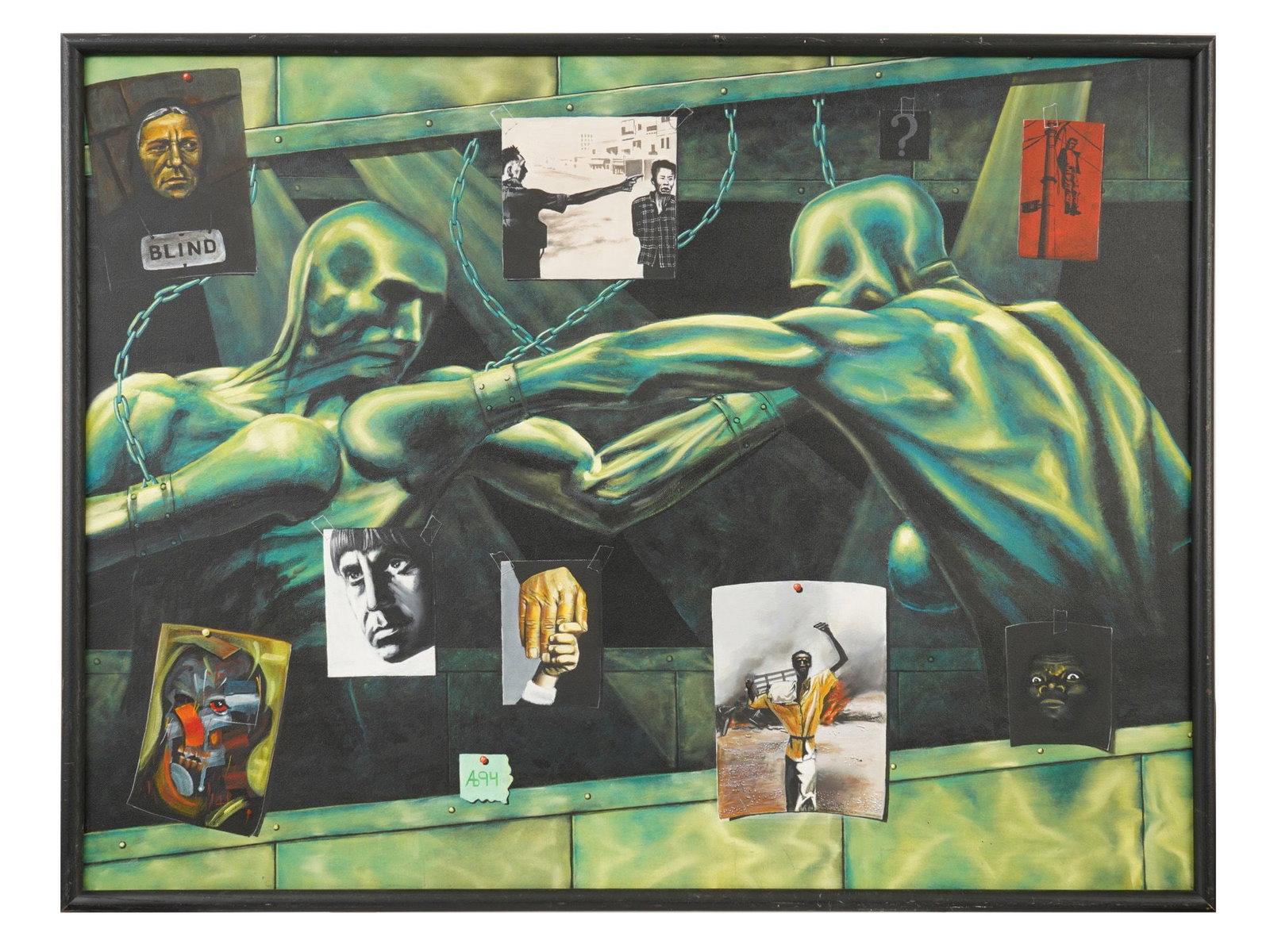 CONTEMPORARY RUSSIAN OIL PAINTING SIGNED BY ARTIST: A Contemporary Russian oil painting on canvas, Fight. Probably signed by the artist with monogram and dated 94, lower to the center. Framed. Additionally titled and dated 2001, on the backside. Modern