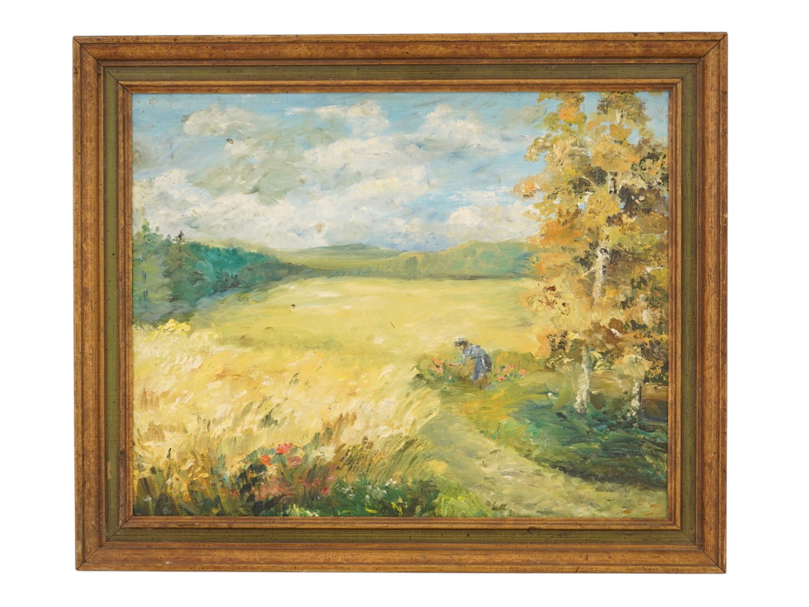 MID CENTURY OIL PAINTING OF AUTUMN LANDSCAPE SCENE: A mid-century oil painting on canvas, depicting a landscape scene with a golden harvested field beneath a softly clouded sky. The composition features a solitary figure, a woman dressed in blue, worki