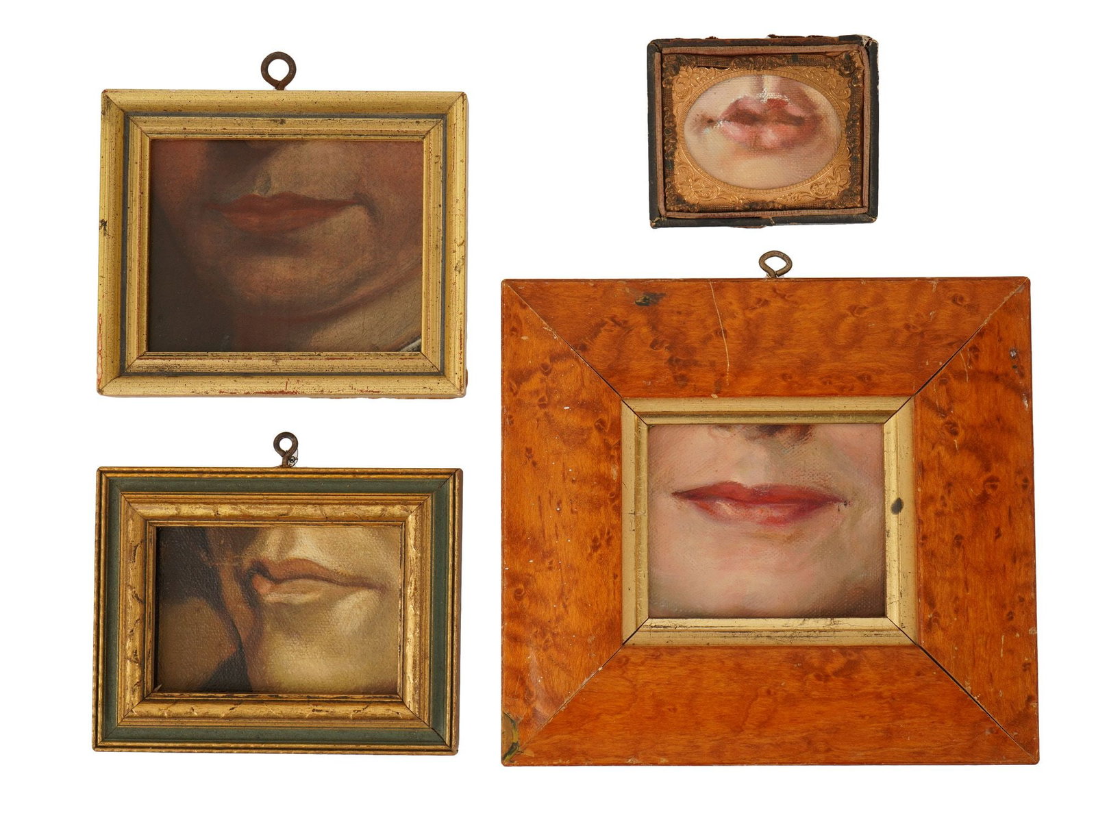 LOT OF LOVERS LIPS OIL MINIATURE PAINTINGS FRAMED: A collection of four antique Lovers Lips oil miniature paintings on boards, a popular piece of jewelry from the late 18th to early 19th centuries. These miniatures were used by couples in love to secr