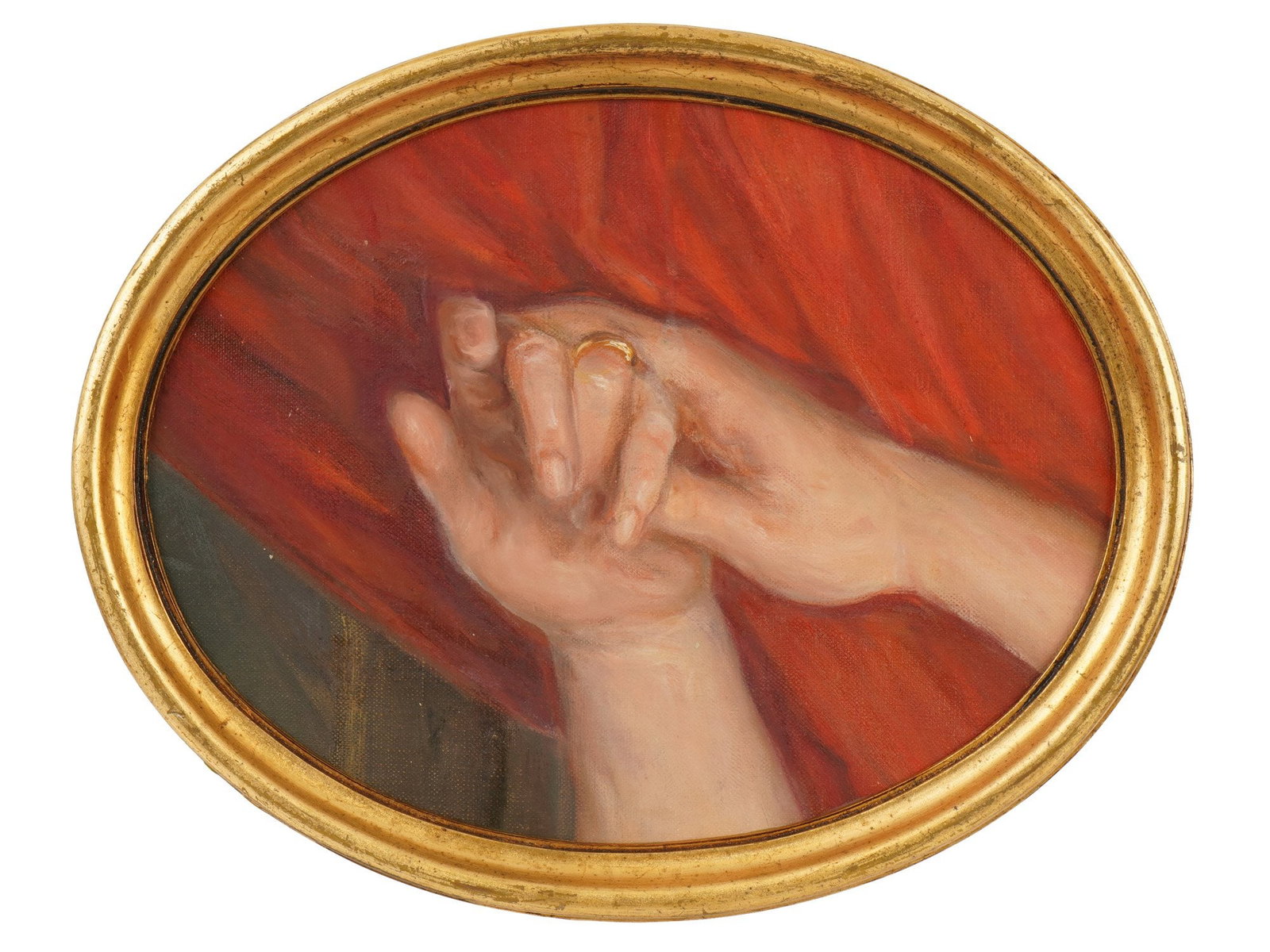 ANTIQUE LOVERS HANDS OIL MINIATURE PAINTING FRAMED: An antique Lovers Hands oil miniature painting on canvas mounted on board, a popular piece of jewelry from the late 18th to early 19th centuries. These miniatures were used by couples in love to secre