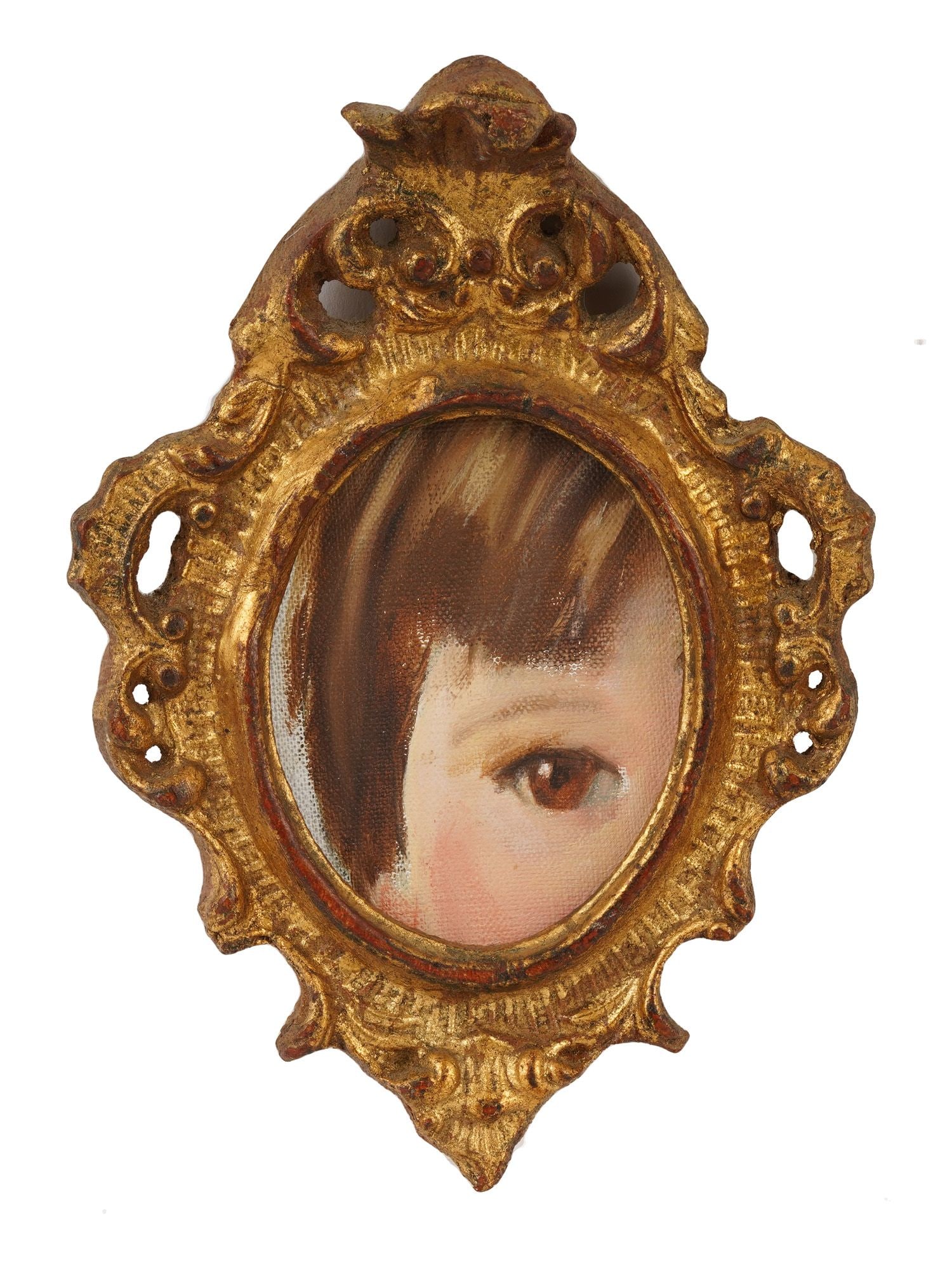 ANTIQUE LOVERS EYE OIL MINIATURE PAINTING FRAMED: An antique Lovers Eye oil miniature painting on canvas mounted on board, a popular piece of jewelry from the late 18th to early 19th centuries. These miniatures were used by couples in love to secretl