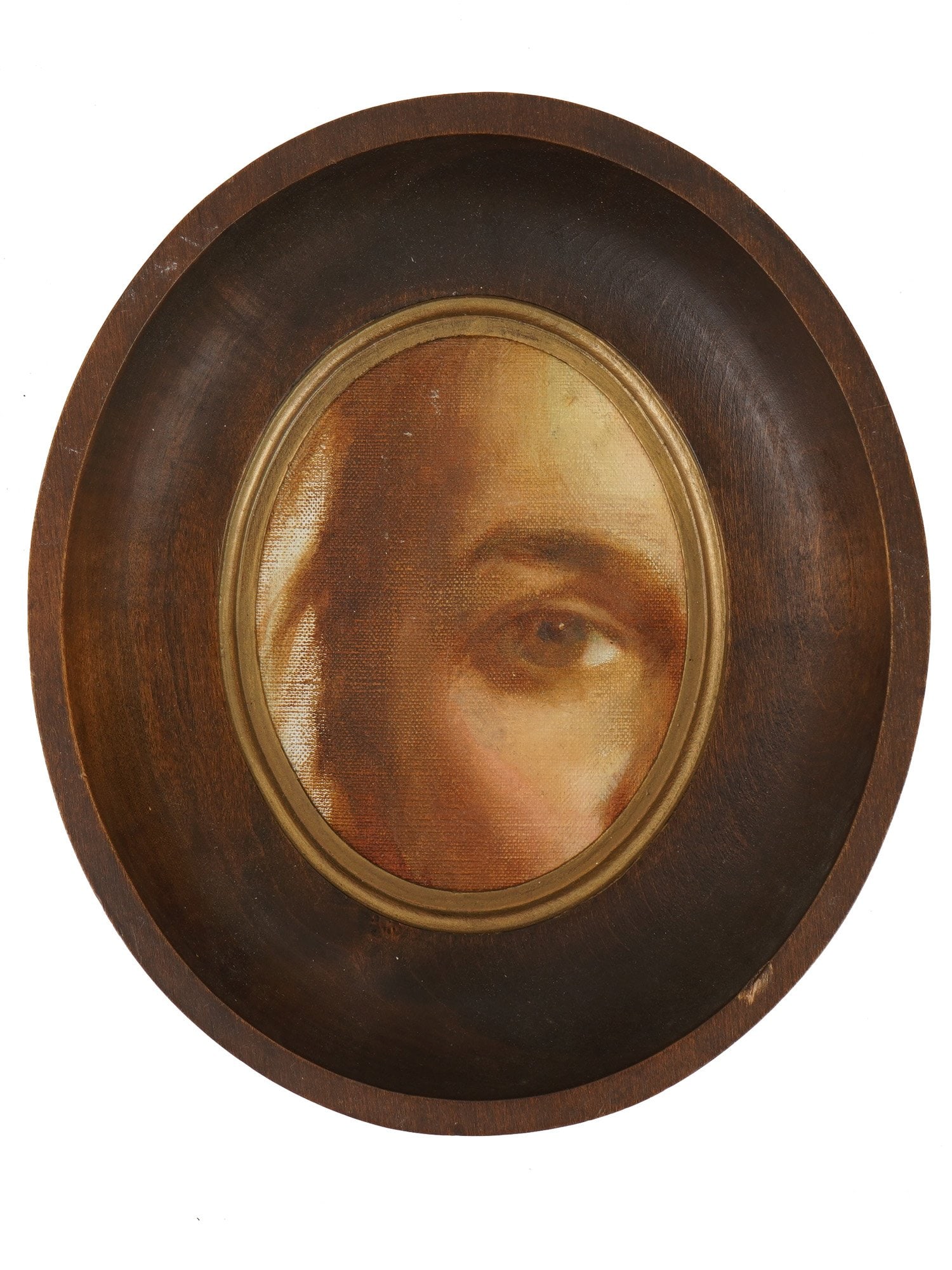 ANTIQUE LOVERS EYE OIL MINIATURE PAINTING FRAMED: An antique Lovers Eye oil miniature painting on canvas mounted on board, a popular piece of jewelry from the late 18th to early 19th centuries. These miniatures were used by couples in love to secretl