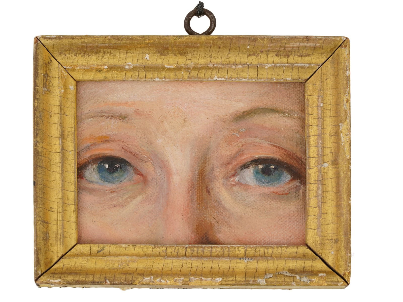 ANTIQUE LOVERS EYES OIL MINIATURE PAINTING FRAMED: An antique Lovers Eyes oil miniature painting on canvas mounted on board, a popular piece of jewelry from the late 18th to early 19th centuries. These miniatures were used by couples in love to secret