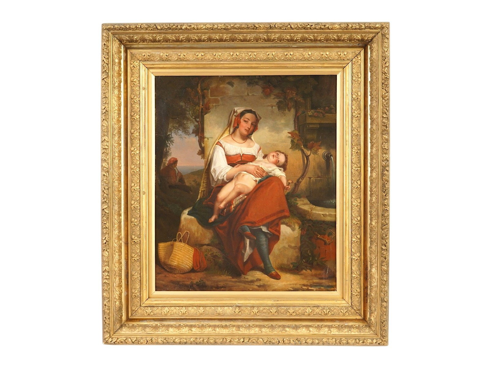 ITALIAN PAINTING SIGNED JEAN AUGUSTIN FRANQUELIN MOTHER: An Italian oil painting on board titled Mother and Child at the Fountain signed Jean-Augustin Franquelin lower right. The composition portrays a young woman in traditional Italian attire seated beside