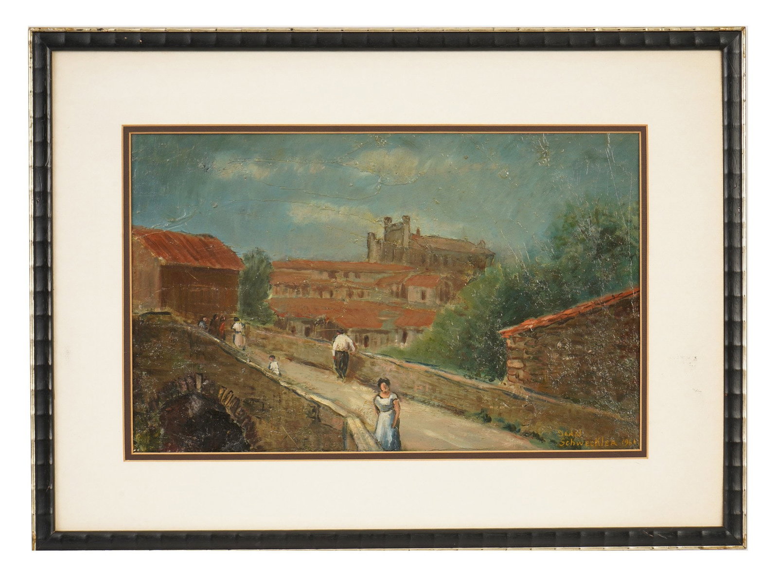 JEAN SCHWECKLER FRENCH OIL PAINTING 1961: An oil on board painting by Jean Schweckler, 1888 to 1962, was a French painter best known for his landscapes, particularly those capturing the spirit of the Alsace region. Depicting the European vill
