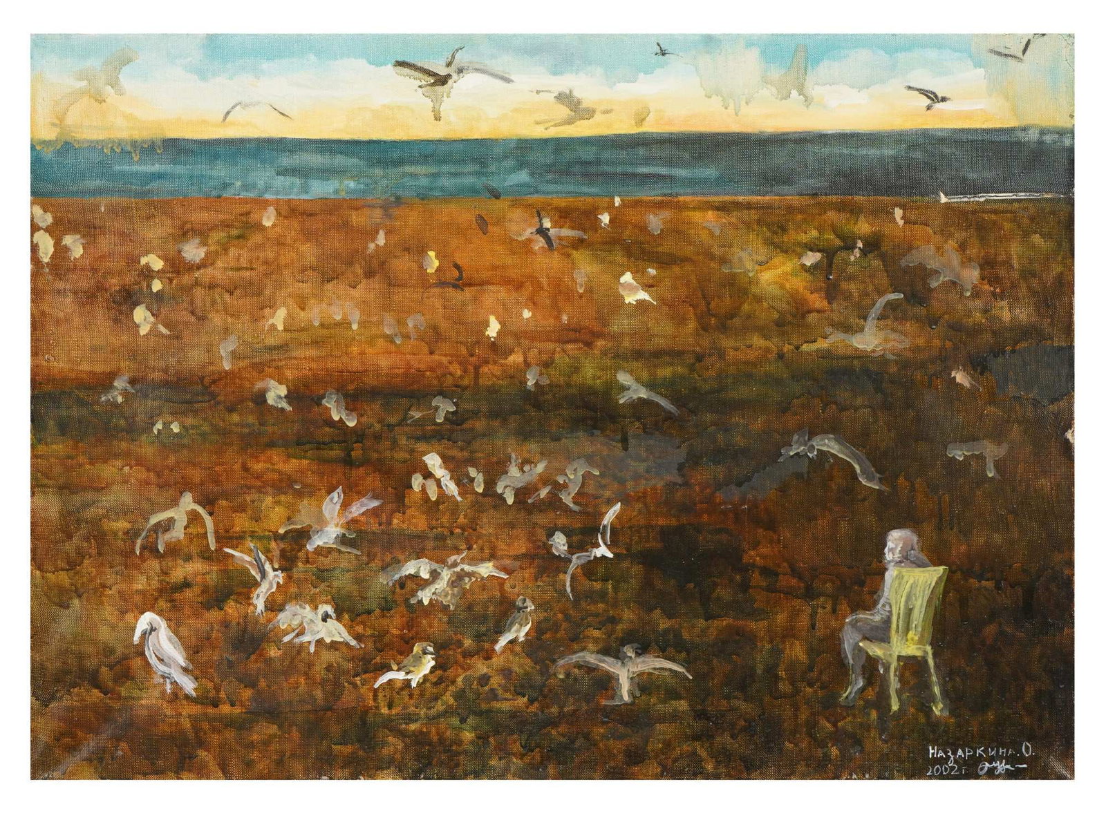 OLGA NAZARKINA UKRANIAN LANDSCAPE PAINTING: Olga Nazarkina, Ukranian, born 1981, oil on canvas painting, depicts a sprawling landscape filled with a multitude of white birds extending toward a distant horizon line and blue sea. A solitary figur