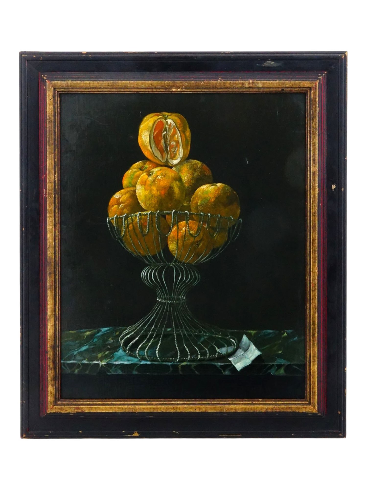 MID CENTURY DUTCH STYLE STILL LIFE OIL PAINTING: Oil painting on masonite. Dated mid-20th century, In the style of Dutch Golden Age. Still life with lemons in a wire bowl and a letter. Unsigned. Framed. Collectible Fine Art, Wall Decor, Genre Painti