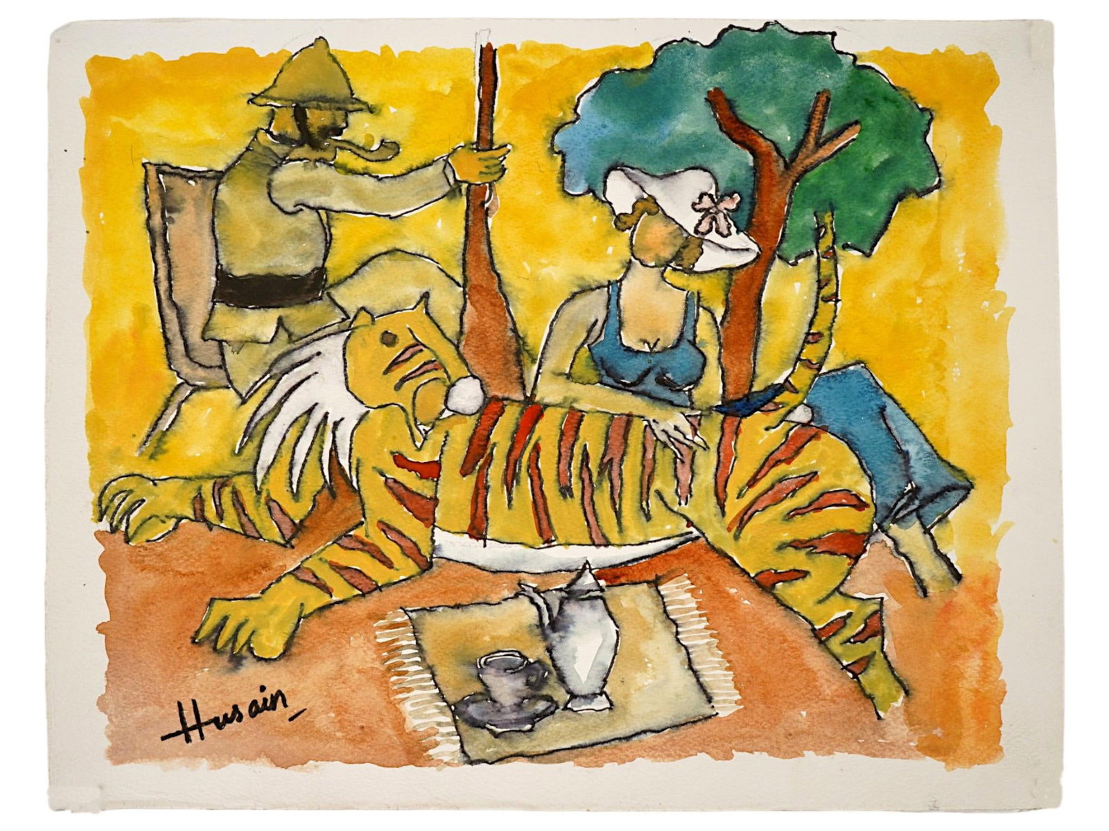 AFTER MF HUSAIN INDIAN WATERCOLOR PAINTING RAJ SERIES: After Maqbool Fida Husain, Indian, 1915 to 2011, watercolor painting on paper. The artwork depicts a garden tea ceremony, an officer and his wife with a tiger. From the Raj series. Signed lower left. 