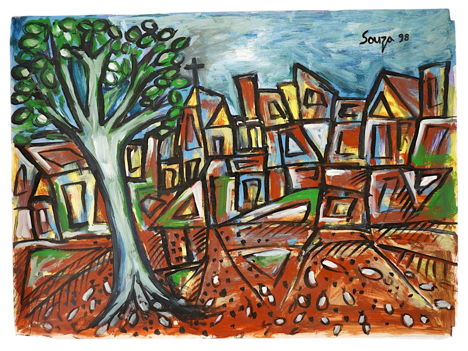 AFTER FN SOUZA INDIAN LANDSCAPE ACRYLIC PAINTING: After Francis Newton Souza, or F.N. Souza, Indian, 1924 to 2002, acrylic painting on paper. The artwork depicts a geometrized cityscape. Signed and dated 1998 upper right. Unframed. F.N. Souza was a f