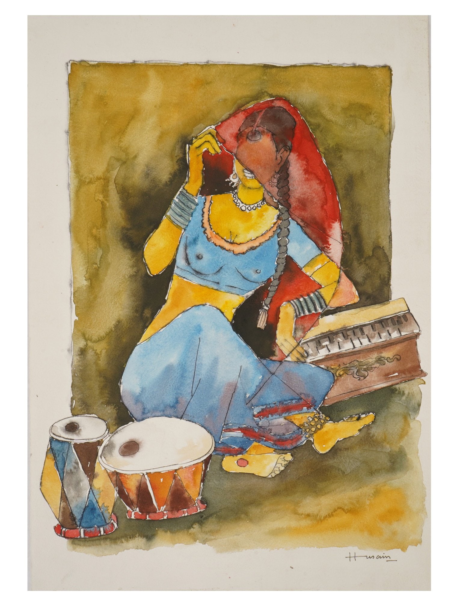 AFTER MF HUSAIN INDIAN PORTRAIT WATERCOLOR PAINTING: After Maqbool Fida Husain, Indian, 1915 to 2011, watercolor painting on paper. The artwork depicts a female musician. Signed lower right. Undated. Unframed. M.F. Husain was one of the founding members