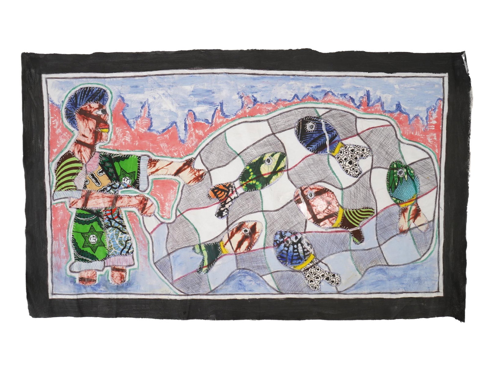 NIGERIAN STITCH FABRIC ARTWORK BY KAYODE BURAIMOH: Kayode Buraimoh, a Contemporary Nigerian artist, a mixed media stitch fabric artwork, Fisherman, 2025. Signed, titled, dated 2025, and inscribed, on the backside. Unframed. Provenance: from the Privat