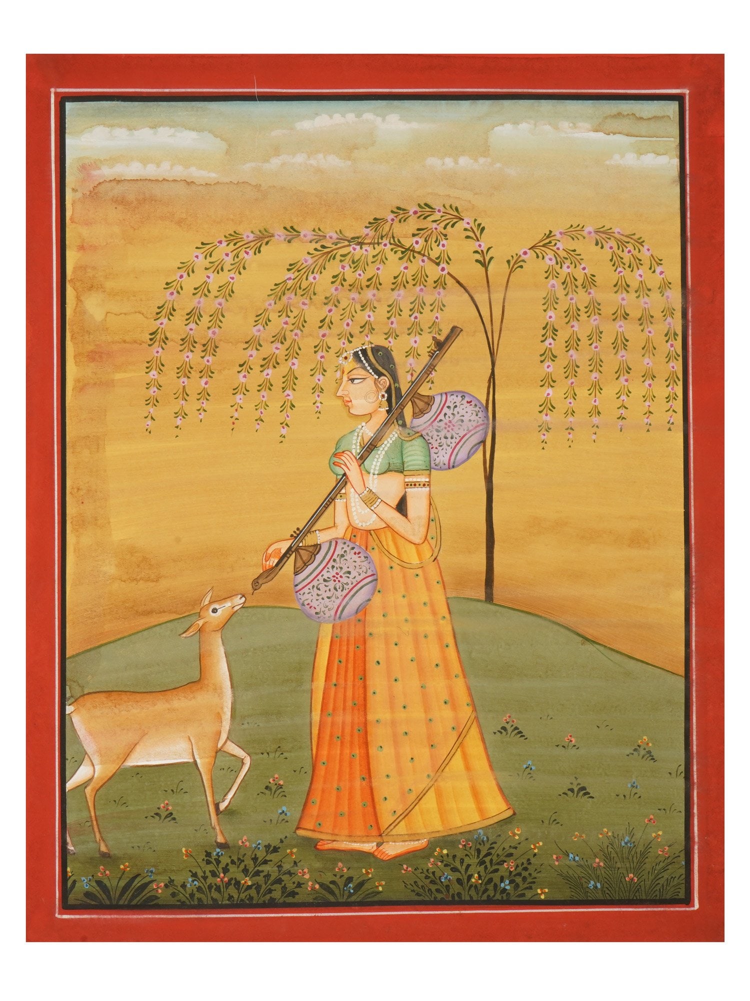 INDIAN KANGRA PAHARI TODI RAGINI MINIATURE PAINTING: An Indian Kangra Pahari School mixed media miniature painting. The painting depicts Todi Ragini, which is part of the famous Ragamala series, translated as garland of ragas. In the Ragamala series, ea