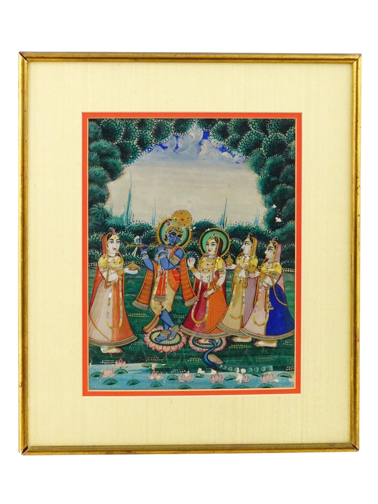ANTIQUE INDIAN MUGHAL MINIATURE PAINTING KRISHNA: An antique Indian miniature painting. Late Mughal Empire period, first half of the 19th century. Gouache, gold leaf, and ink on paper. The piece depicts Krishna and the Gopis carrying gifts in a garde