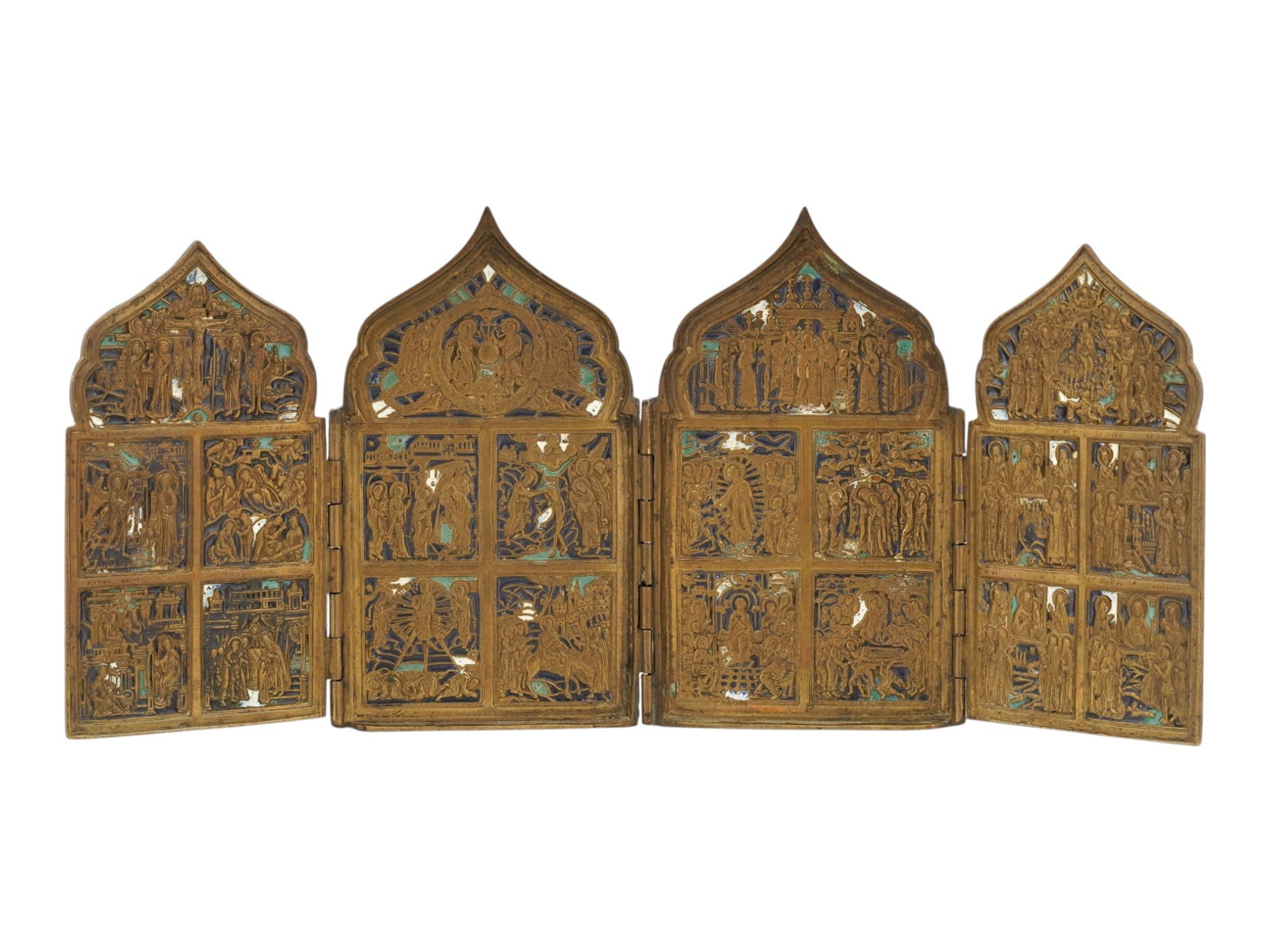ANTIQUE 19TH C RUSSIAN FOLDING BRONZE ENAMEL ICON: An antique 19th-century Russian Orthodox folding quadriptych icon, often referred to as a skladen, is cast in bronze with white and turquoise enamel. The four hinged panels are surmounted by ogee arch