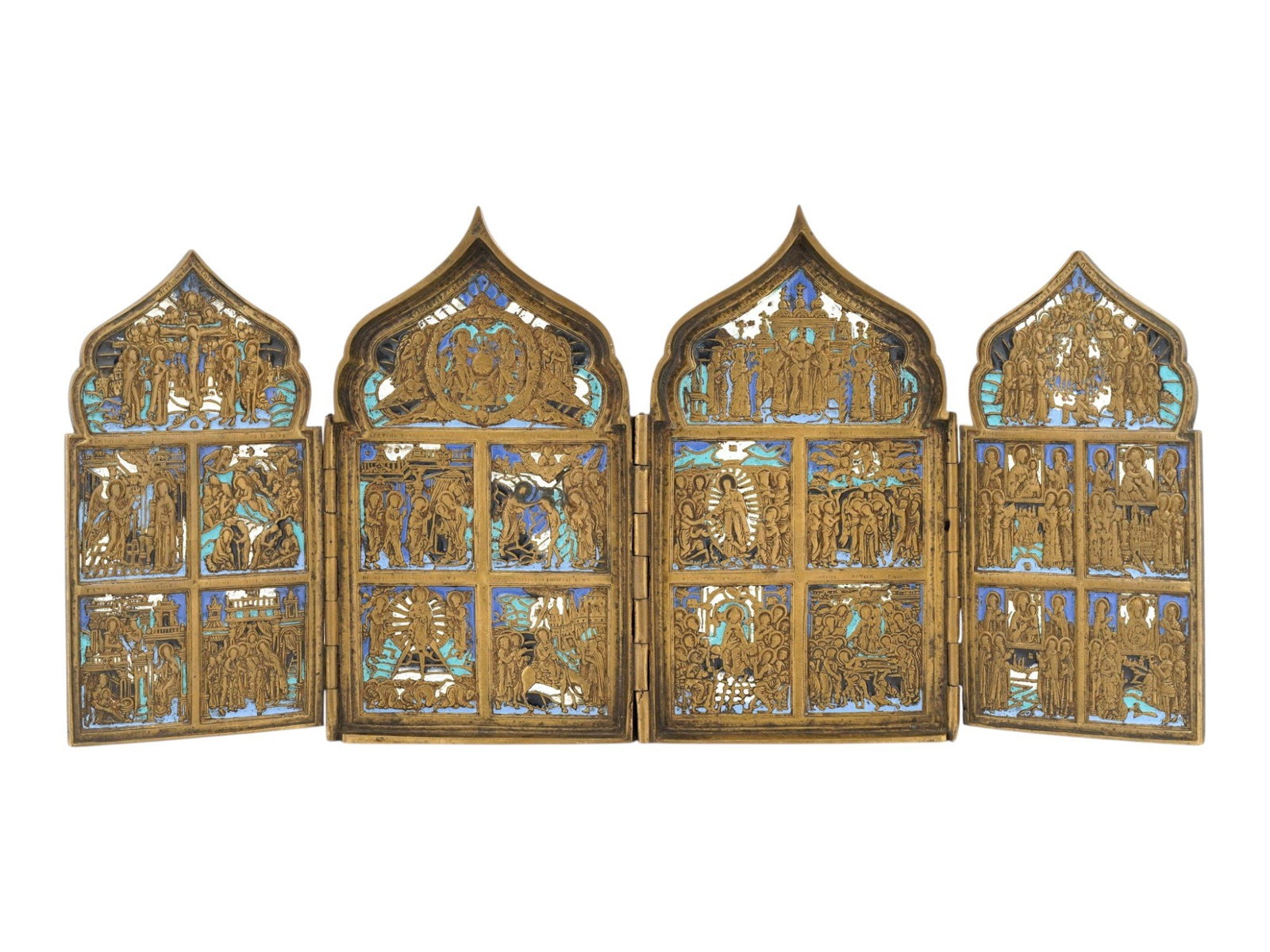 ANTIQUE RUSSIAN BRONZE ENAMEL ICON LIFE OF CHRIST: An antique 19th-century Russian Orthodox enameled bronze folding icon consisting of four hinged parts. Relief and engraved surface depicting scenes from the life of Jesus Christ. When the icon is clos