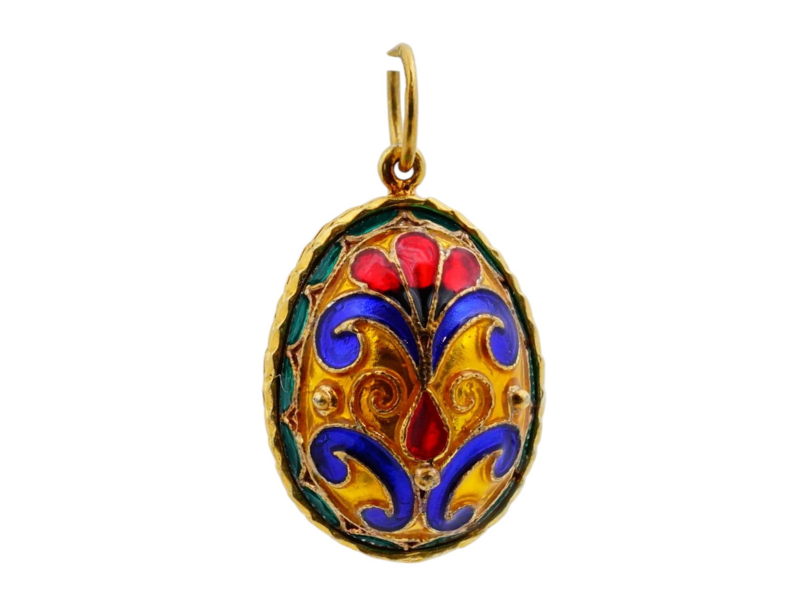 RUSSIAN STYLE GILT SILVER ENAMEL EASTER EGG PENDANT: A gilt silver enamel pendant in the shape of an Easter egg. The egg is crafted in the style of Russian cloisonne enamel with a vibrant red-blue pattern on a gold background. Marked with 88 silver stan
