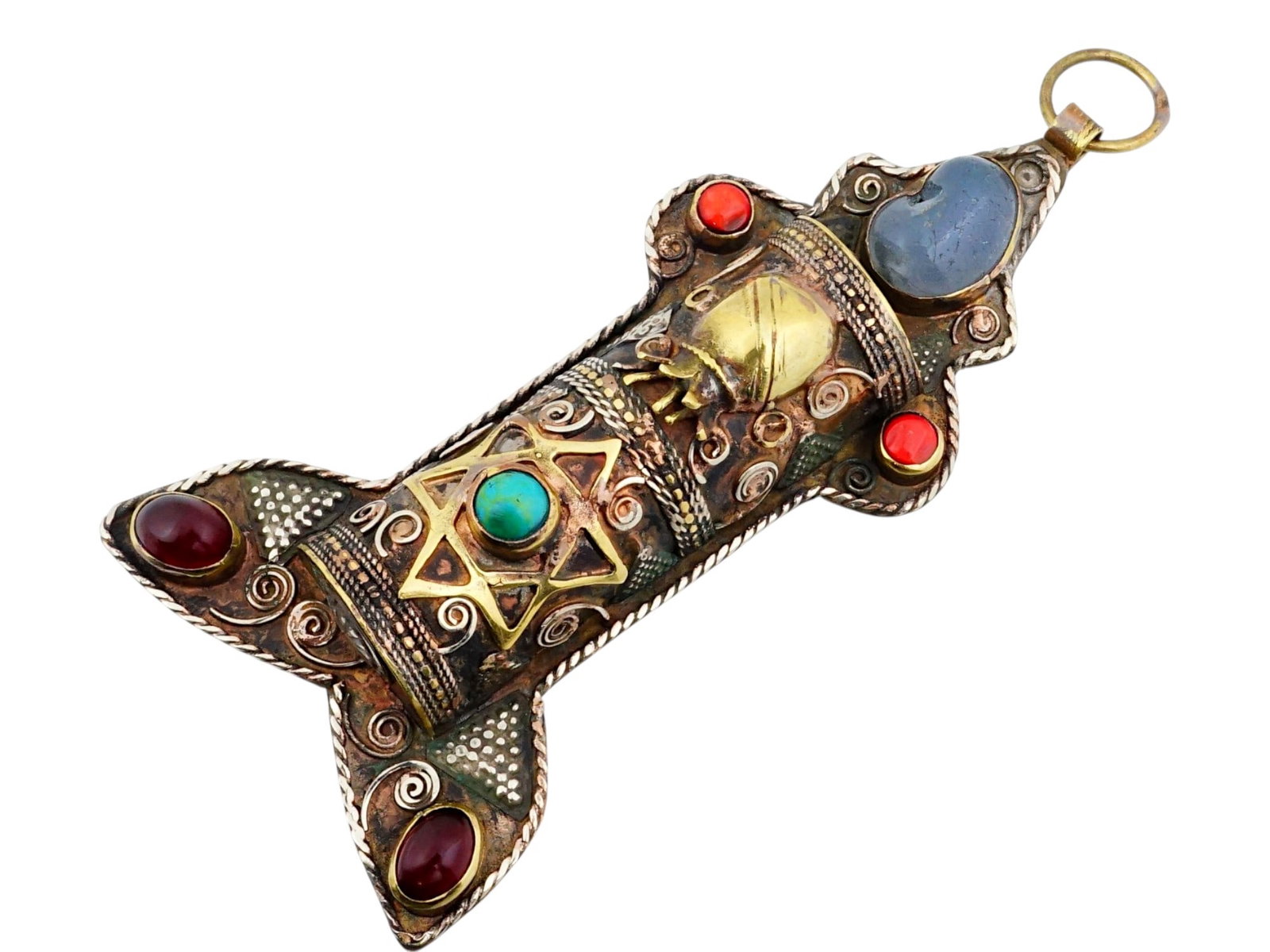 MIDDLE EASTERN SILVER COPPER MEZUZAH W GEMSTONES: A vintage Middle Eastern silver and copper mezuzah case. Circa mid to late 20th century. The mezuzah features lush intricate filigree detailing, relief Stars of David, and is set with multi-colored ge