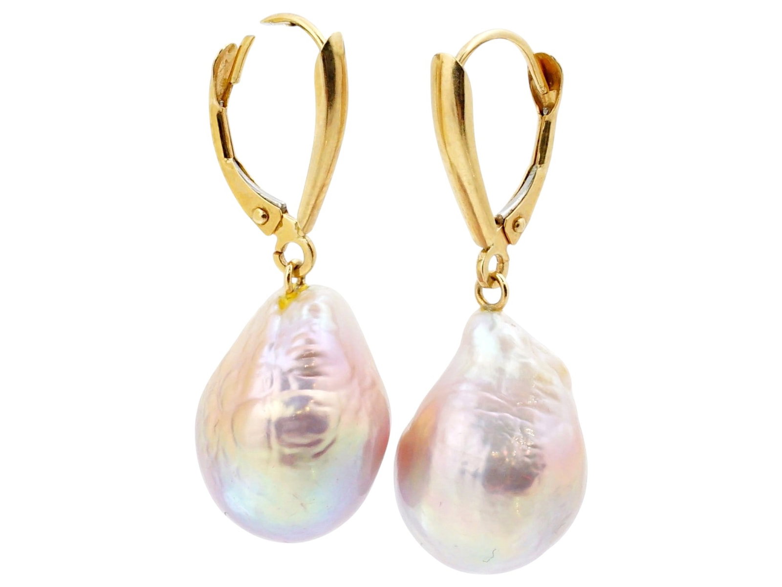 VINTAGE 14K GOLD EARRINGS WITH BAROQUE PEARLS: A pair of vintage 14K gold earrings with baroque pearls. These earrings feature large, irregularly shaped, iridescent pearls with gold ?losure. Marked 14K China on the clasp. Luxurious Jewelry, Gifts 