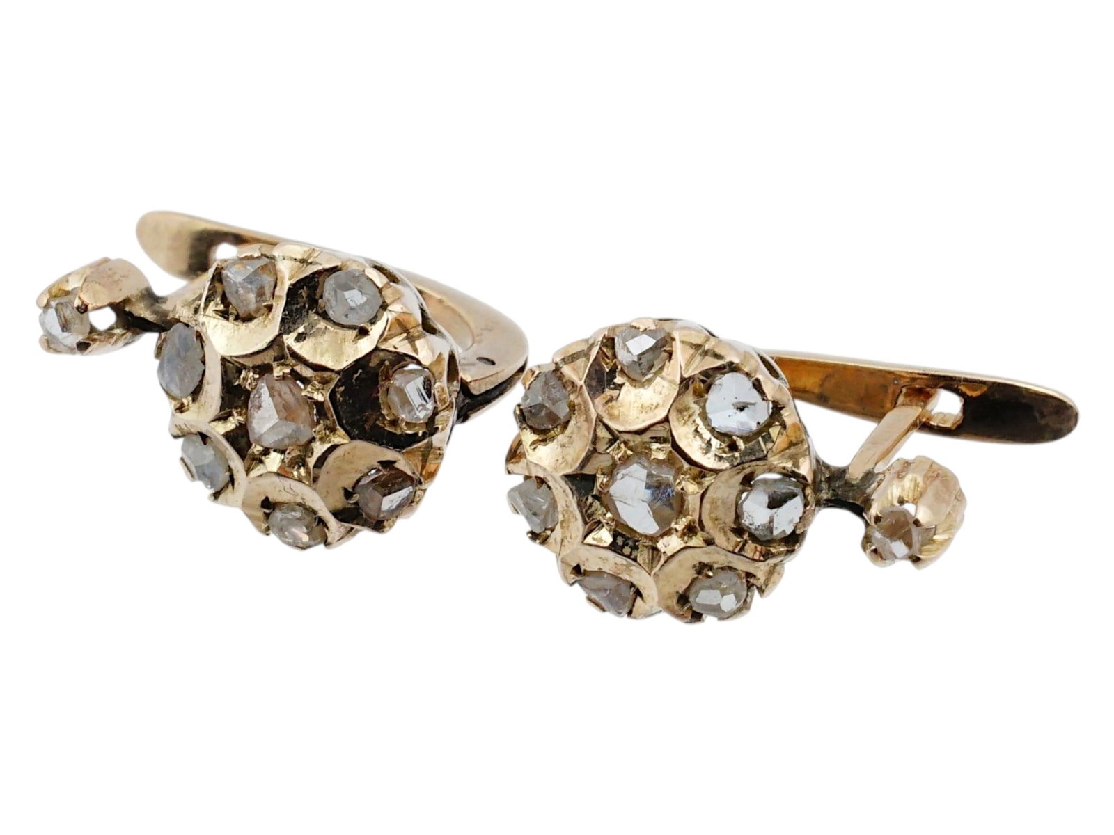 PAIR OF VINTAGE RUSSIAN GOLD EARRINGS WITH DIAMONDS: A pair of vintage Russian gold earrings features a domed cluster design set with numerous round-cut diamonds. The intricate setting showcases a classic Soviet-era or Imperial-style aesthetic, providin