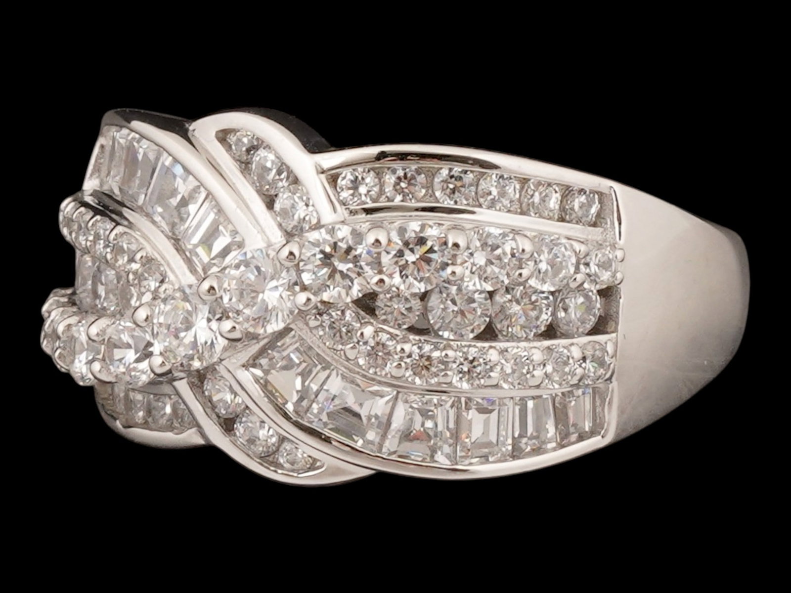 CHINESE JEWELED STERLING SILVER CROSSOVER RING: A vintage Chinese sterling silver ring, round and baguette crystals crossover cluster. Marked China, CZ925 on the inside. Total Weight: 8.1 g. Statement Jewelry And Accessories For Women. THIS
