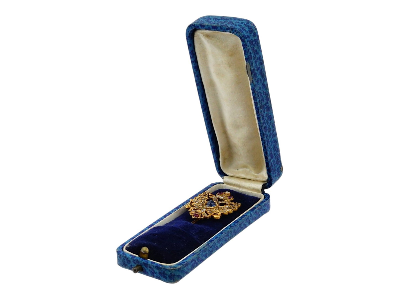 RUSSIAN SILVER DIAMOND TIE PIN WITH DOUBLE HEADED EAGLE: A Russian silver and diamond tie pin featuring an ornate terminal modeled as the Imperial Russian double-headed eagle coat of arms. Richly decorated with small diamonds and additional colored gemstone