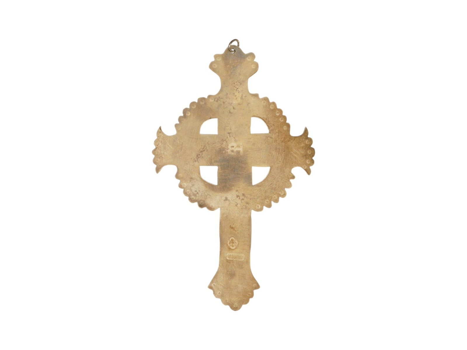 VINTAGE HUDSON BAY STYLE ENGRAVED CROSS MARKED: A Hudson Bay style cross pendant characterized by its central nimbus and flared, foliate terminals. Stamped on the reverse with HB for Hudson Bay at the center. Marked with an impressed mark. Religiou