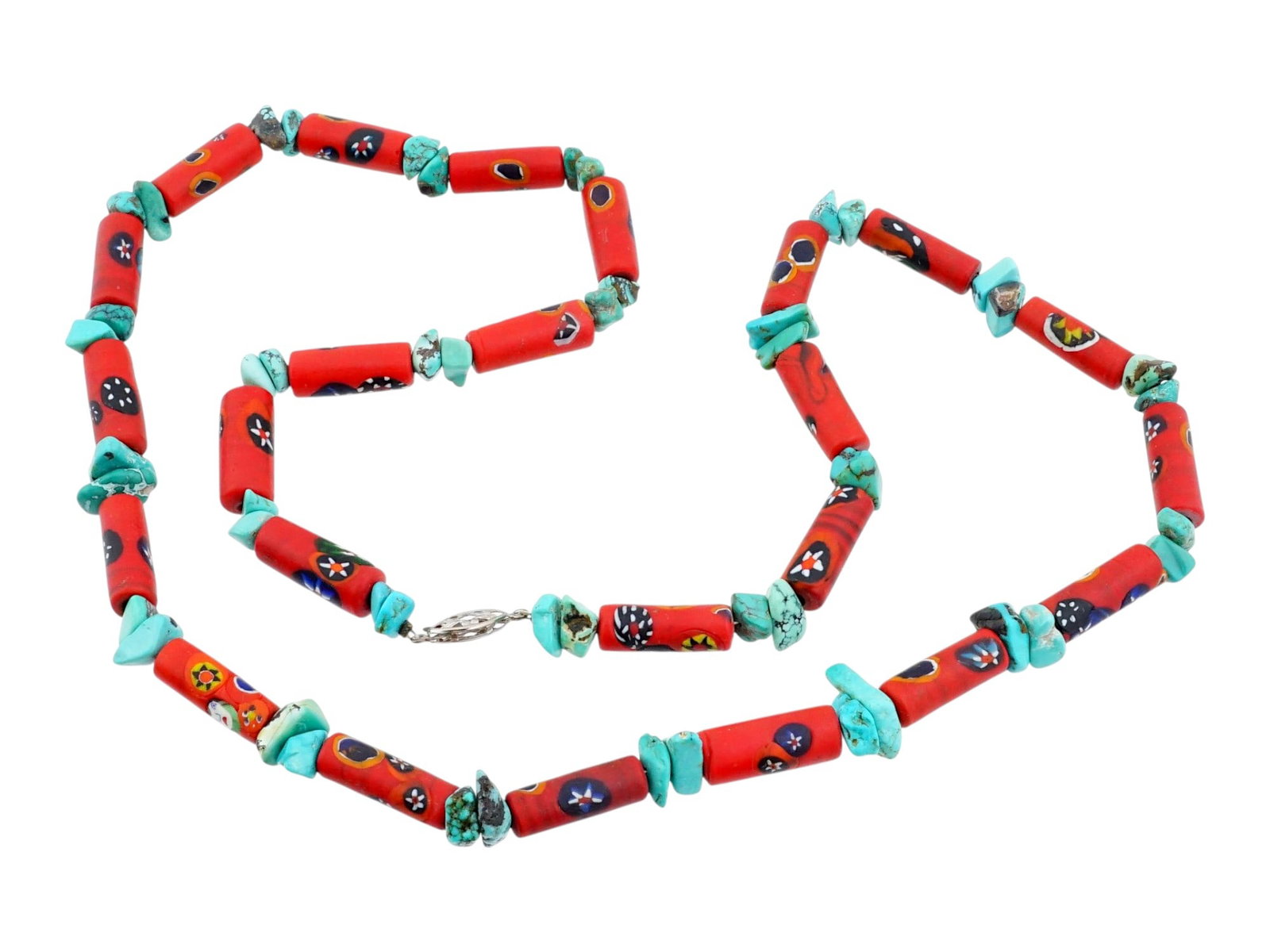 VINTAGE TURQUOISE AND MILLEFIORI GLASS BEADED NECKLACE: A vintage beaded necklace composed of turquoise chips and red tubular millefiori glass beads. Hook clasp. Vintage Mineral Stone Statement Jewelry And Accessories. THIS LOT IS ELIGIBLE FOR A 30