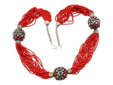 TIBETAN RED CORAL AND SILVER MULTI STRAND NECKLACE
