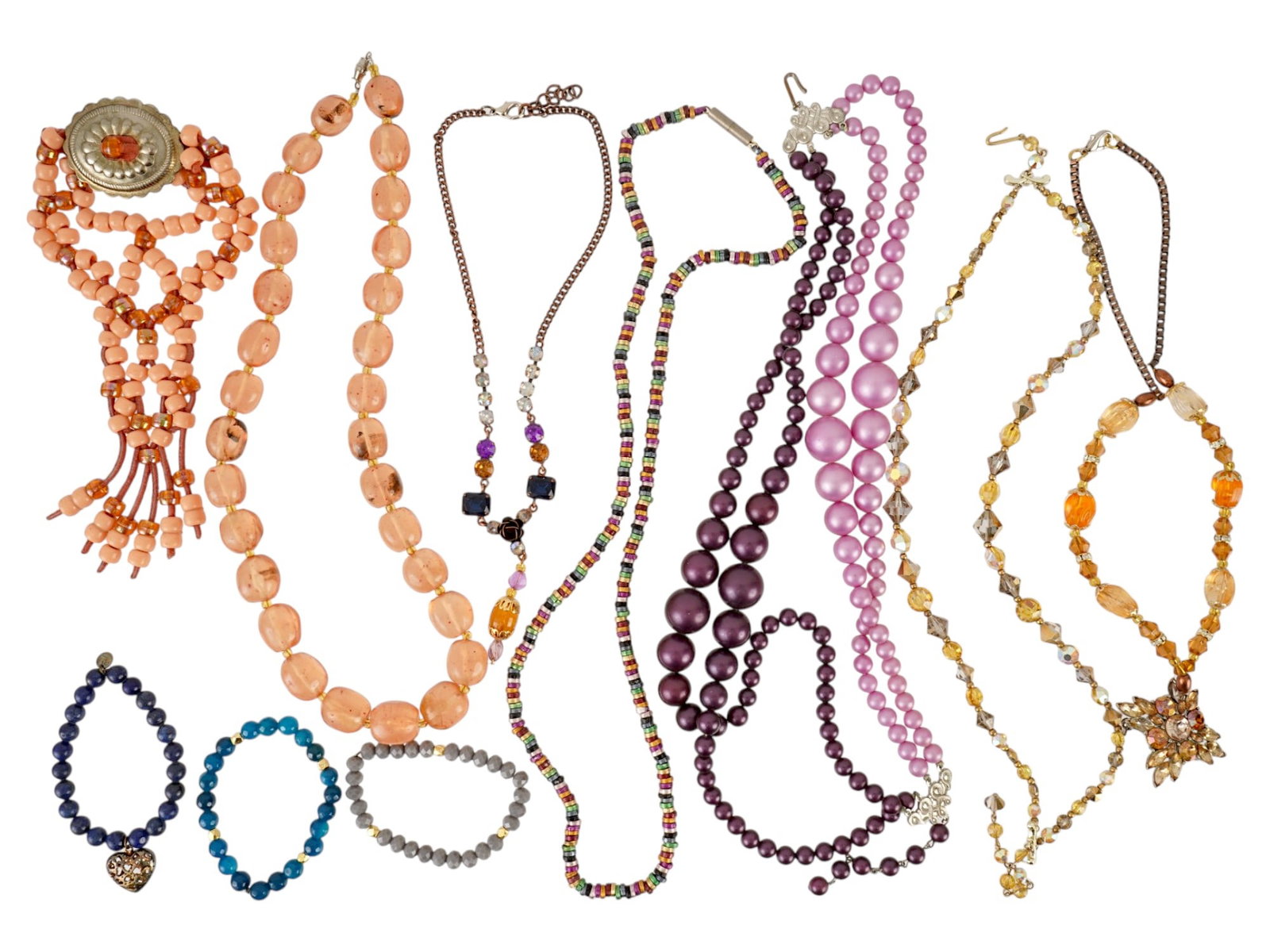 COLLECTION OF COSTUME JEWELRY NECKLACES AND BRACELETS: A collection of costume jewelry including necklaces and bracelets featuring a variety of beads, colors, and designs. Materials: Includes glass, plastic, faux pearl, and natural stone beads. A mix of c