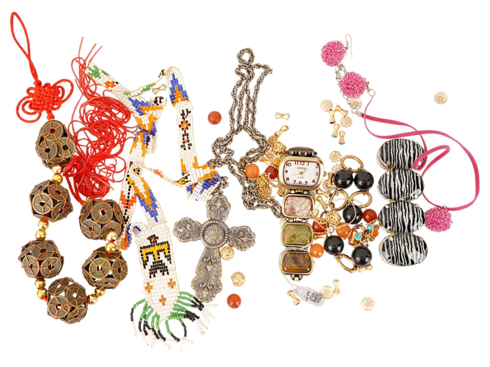 LOT OF ASSORTED COSTUME JEWELRY AND ONE WRIST WATCH: A collection of assorted jewelry wares and talismans, including vintage pieces, ethnic beaded accessories, and feng shui items. The collection includes a womens wristwatch on a rigid bracelet decorate