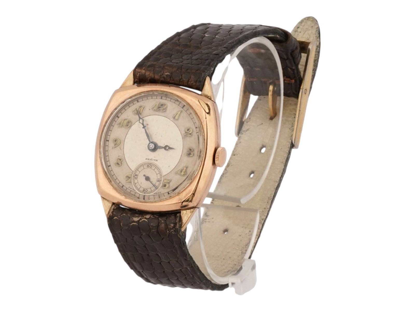 VINTAGE ZENITH MENS WRISTWATCH: A vintage mens wristwatch by Zenith. Dated ca. 1930s to 1940s. Rose gold square case with single crown. White dial with Arabic numerals and sub-dial. Brown leather bracelet. Total Weight: 29 g. Collec