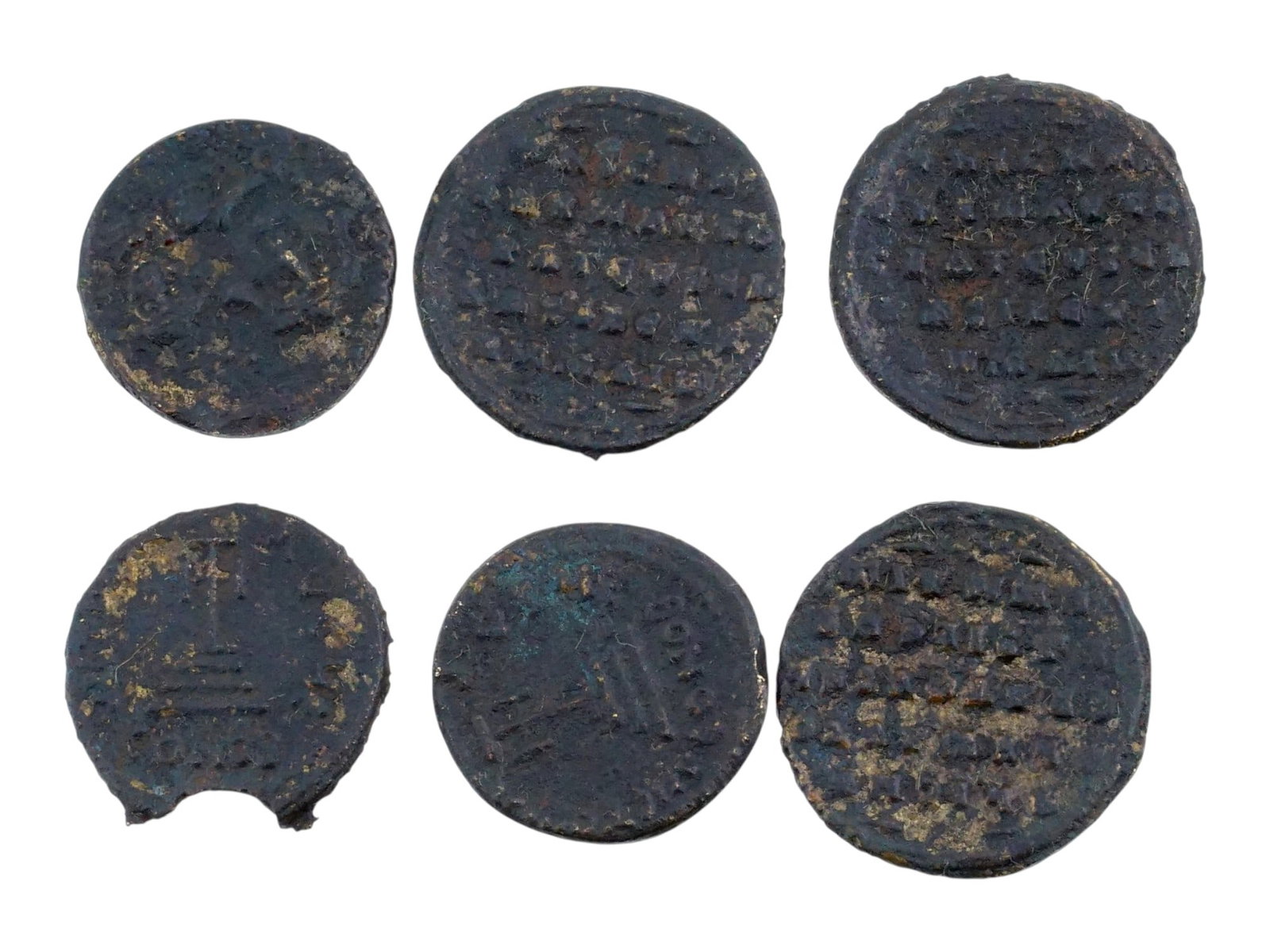 ANTIQUE GRAND TOUR BYZANTINE EMPIRE STYLE COINS: A lot of six antique Grand Tour Byzantine Empire style coins. Each features inscriptions and impressed images and imperial portraits on opposing sides. Antique Grand Tour Souvenirs And Numismatic Coll