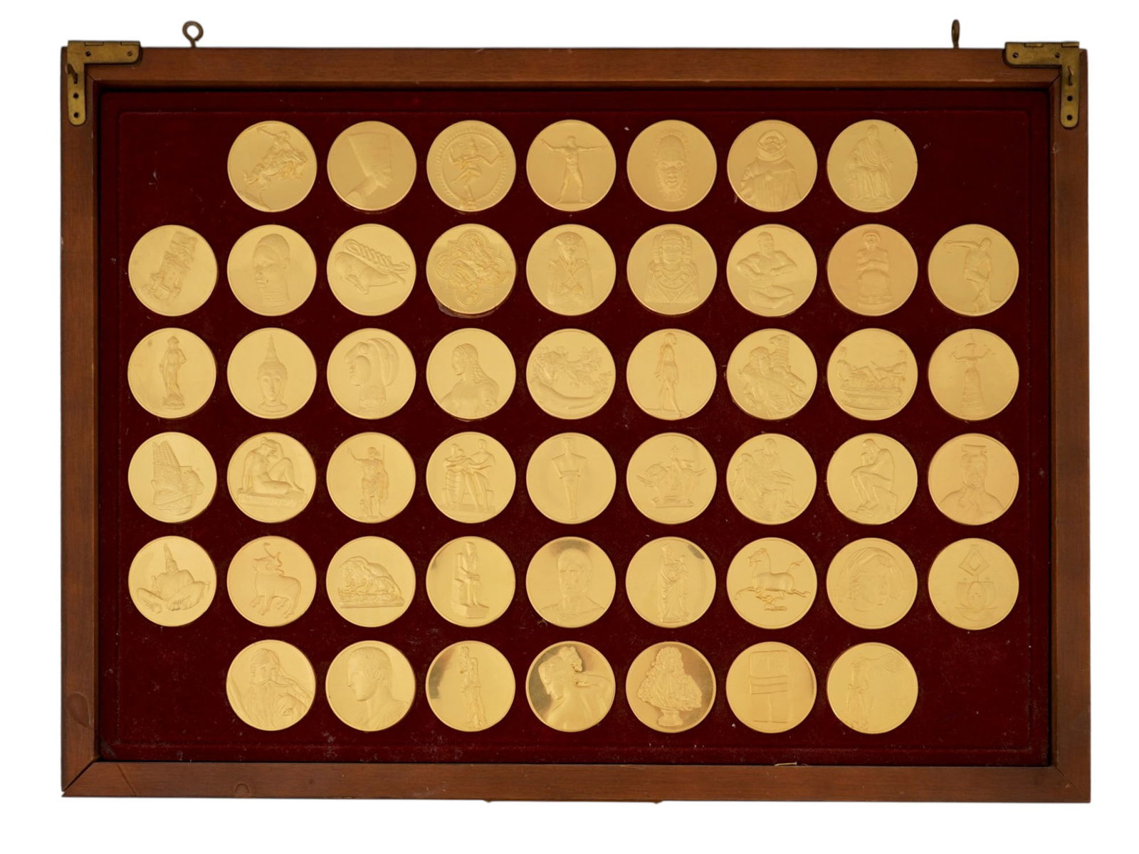 FRANKLIN MINT WORLDS GREAT SCULPTURES MEDAL COLLECTION: The World's Great Sculptures medal collection by Franklin Mint. Complete set of 50 pieces. 24K gold electroplated over bronze. The set comes in a mahogany-finished hardwood chest. Collectibles, Coins 