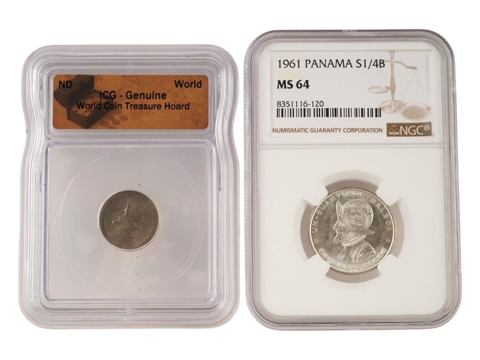 LOT OF PANAMANIAN BALBOAS COINS GRADED BY NGC ICG: A lot of two graded Panamanian Balboas coins. The first: a 1961 quarter Balboa coin minted in Panama. It is certified by NGC with a grade of MS 64 Mint State 64. The obverse features the coat of arms 