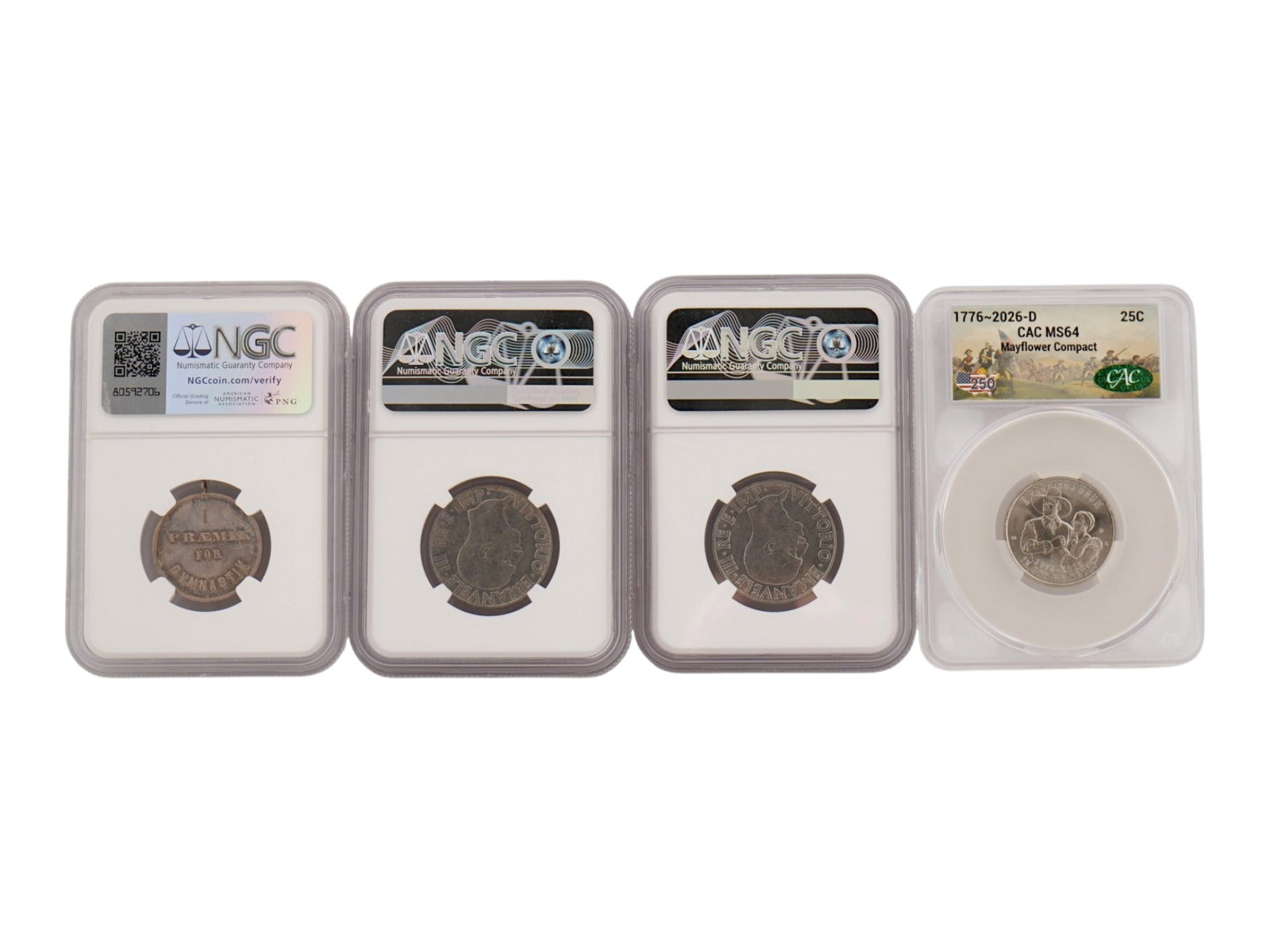 LOT OF FOUR NGC GRADED EUROPEAN AND US COINS: A lot of four NGC and CAC-graded coins. 1891 Denmark Silver Soro Shooting Association, MS 63, Bruun-16466.17. 1940R XVIII Italy Lira, Non-Magnetic, Genuine, two coins. 1776-2026 Mayflower Compact Comm